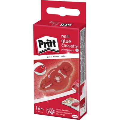 Pritt náhradná kazeta s lepidlom v červenej krabičke. Zobrazuje kazetu s lepidlom, text 'glue ǀ Kleben ǀ colle', vhodná na trvalé lepenie.