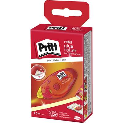 Červené balenie náhradnej náplne do lepiacého valčeka Pritt. Zvýrazňuje 'netrvalé' lepidlo a zobrazuje obrázok valčeka. Dĺžka 16m.