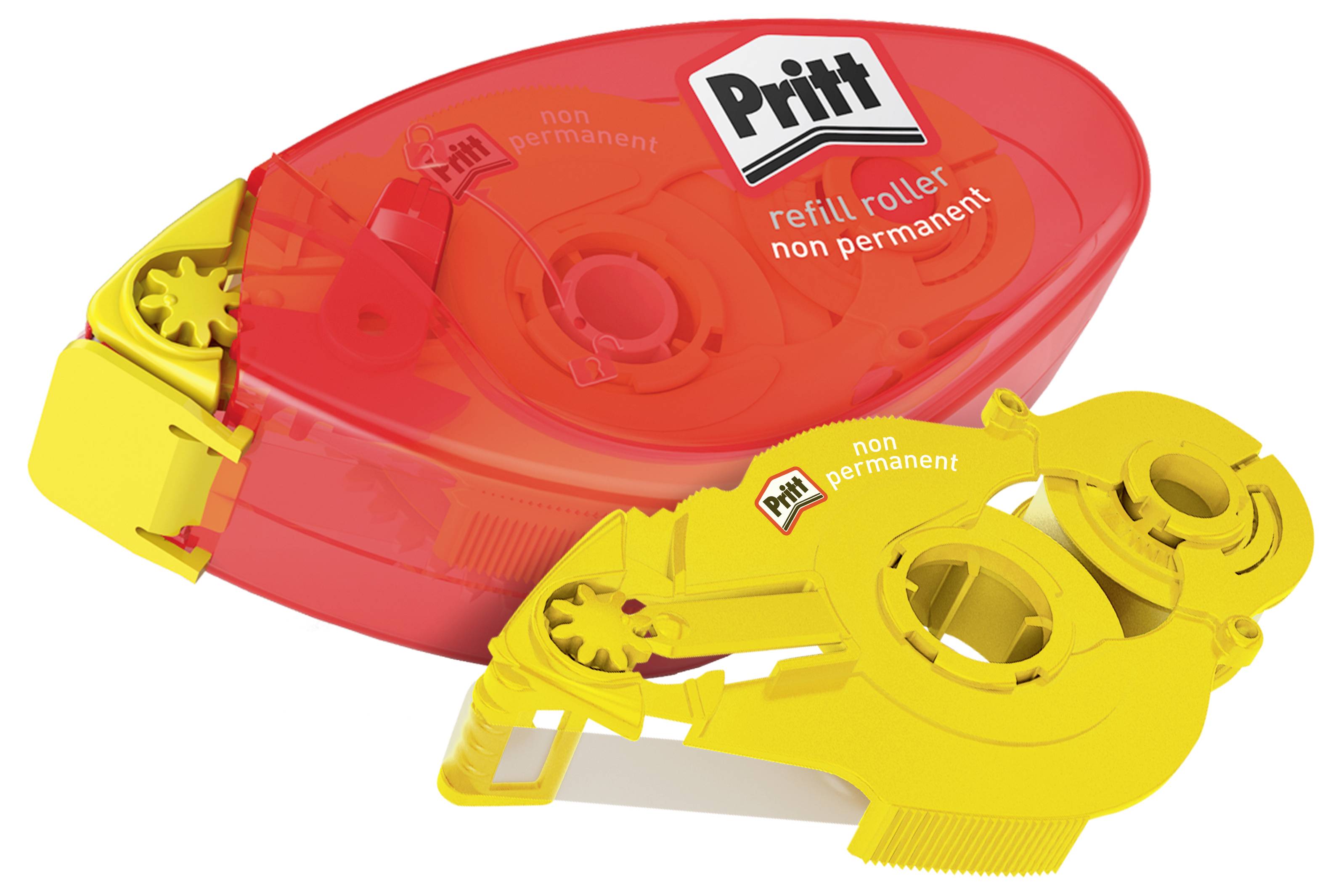 Červený a žltý Pritt náplnací roller na nestále lepivé aplikácie, zobrazujúci mechanizmus a značku na obale.