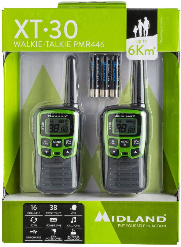 Dva zelené vysielačky v kartónovej krabici s batériami, model 'XT-30', dosah až 6 km, 16 kanálov, značka 'Midland'.