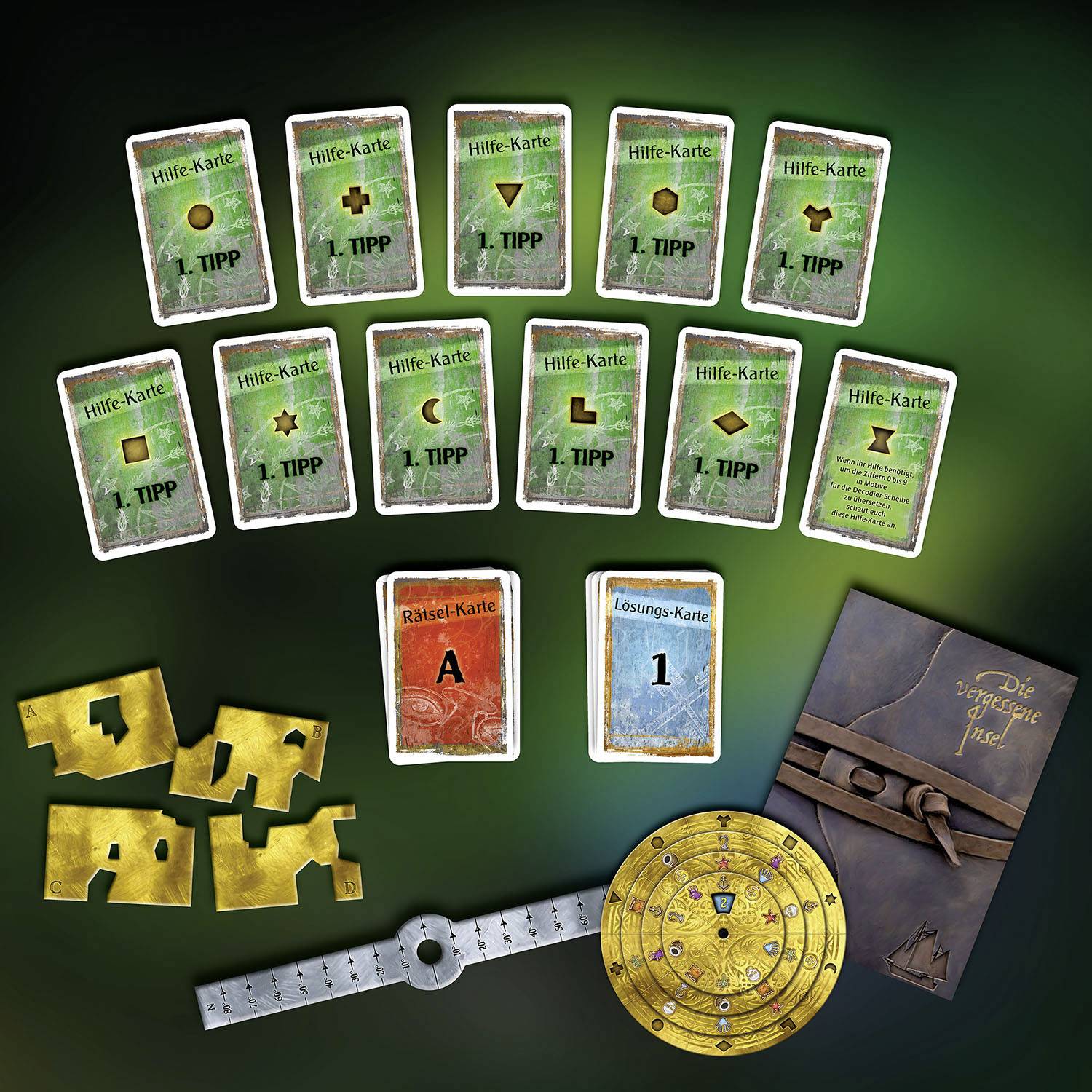 Súprava hádankových hier s pomocnými kartami, kartou riešení, kartou hádanky, zlatými puzzle dielmi, kompasom a knihou.