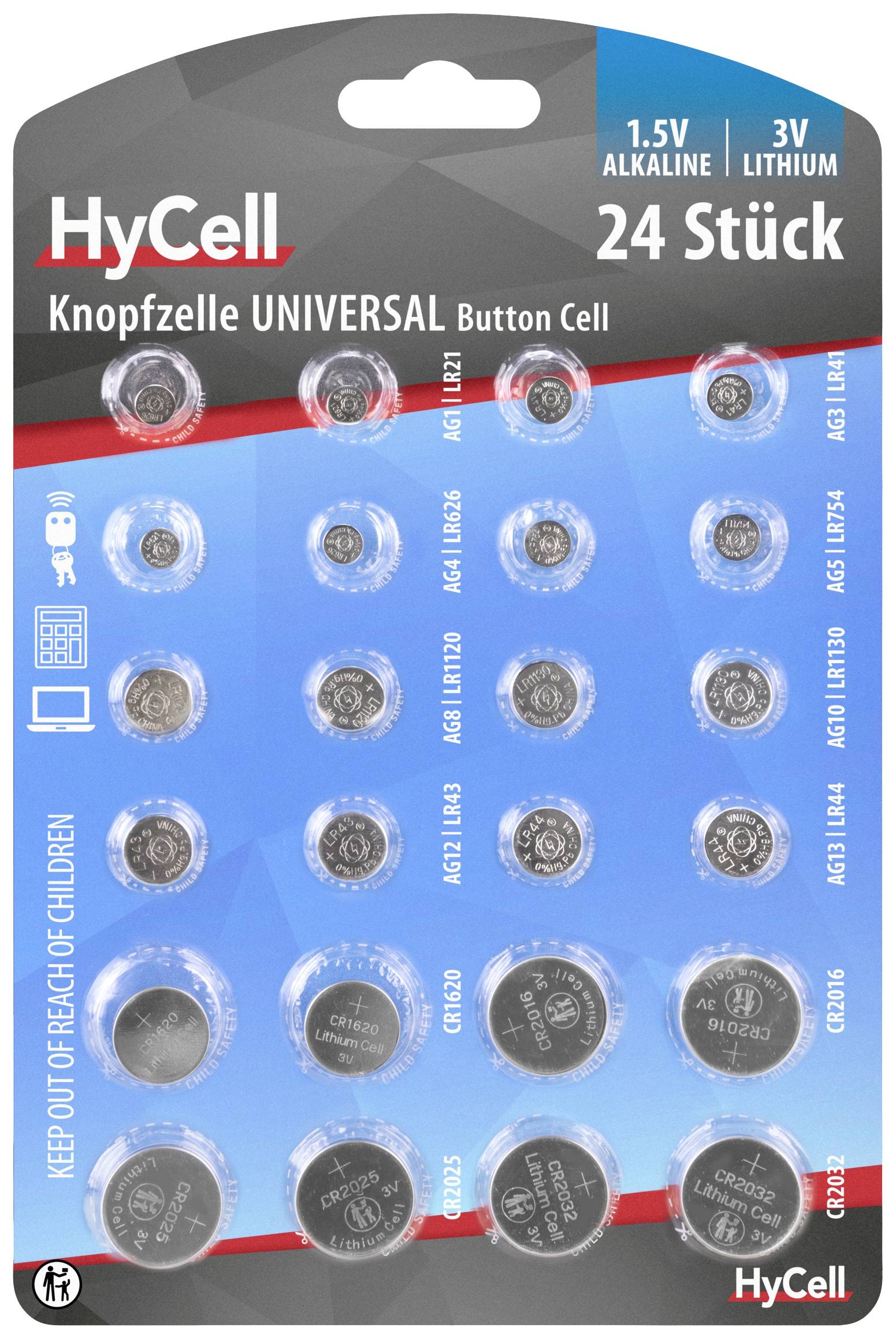 HyCell gombíková batéria, blister balenie s 24 gombíkovými batériami, rôzne typy vrátane CR2032; upozornenie 'Uchovávajte mimo dosahu detí'.