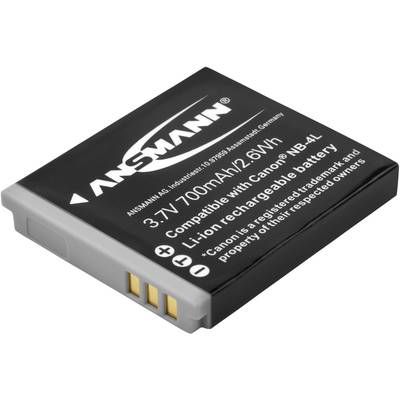 Akumulátor s nápisom '3,7V 700mAh/2,6Wh, kompatibilný s Canon NB-4L, dobíjateľný Li-Ion akumulátor' od značky Ansmann.