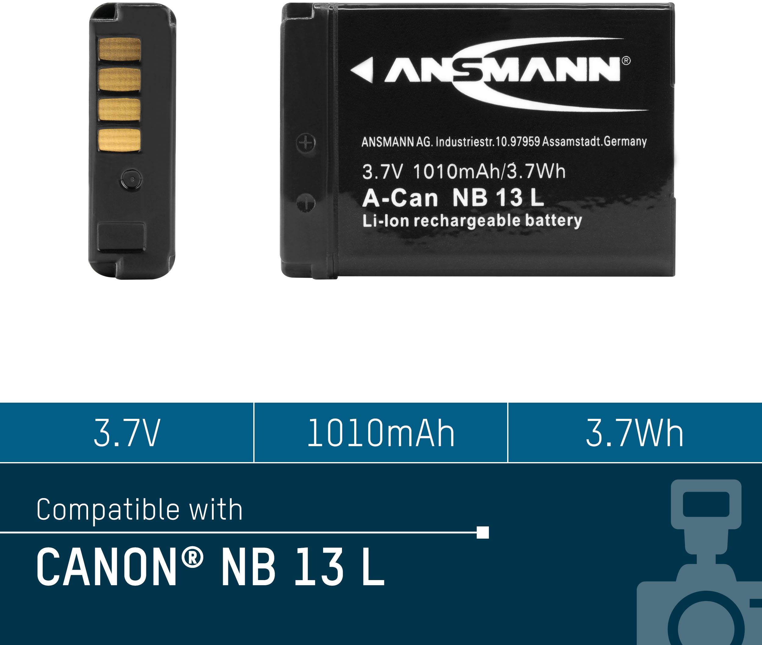 'Ansmann akumulátor A-Can NB 13 L, 3,7V, 1010mAh, 3,7Wh. Kompatibilný s Canon NB 13 L.'