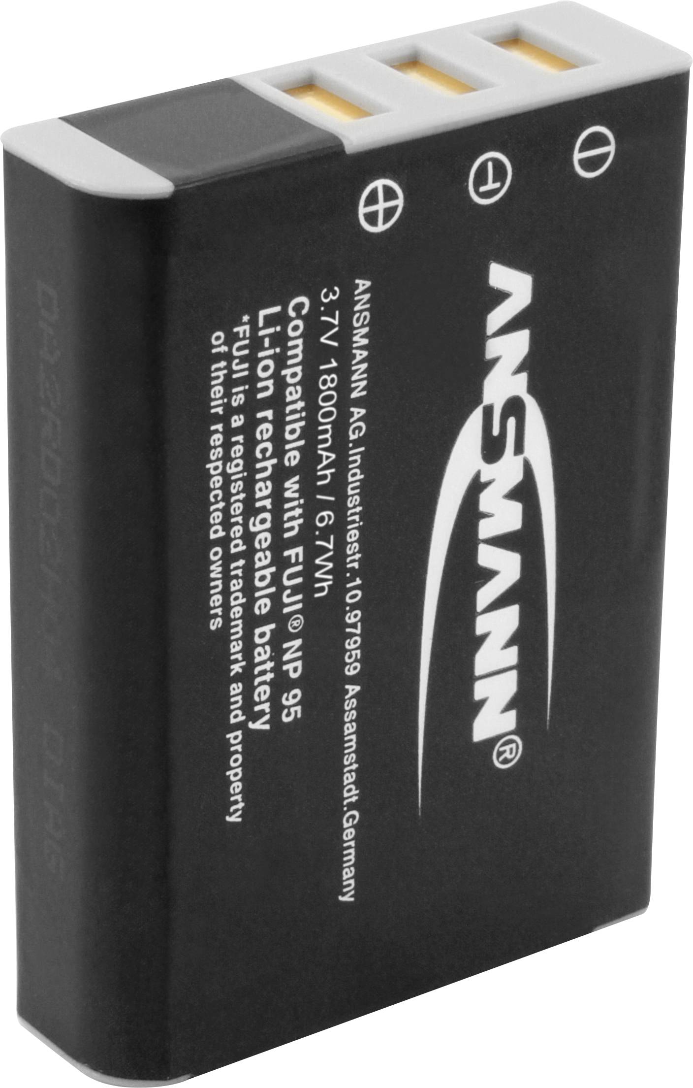 Čierna lítiovo-iónová batéria od Ansmanna, 3,7V, 1800mAh, kompatibilná s Fujifilm NP-95. Kryt a elektrické kontakty viditeľné.