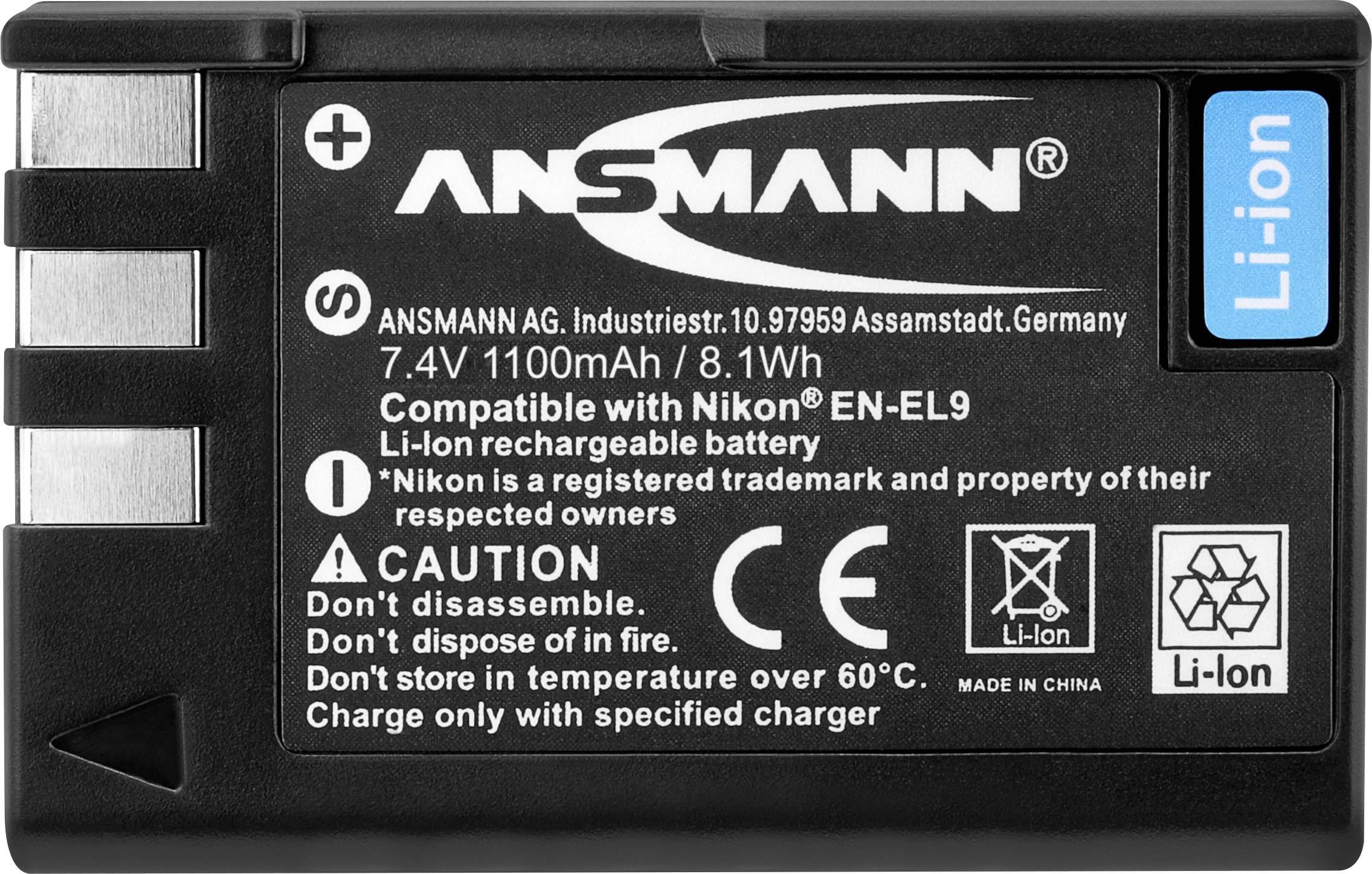 Čierna lítiovo-iónová batéria s logom 'ANSMANN', 7,4V, 1100mAh. Kompatibilná s fotoaparátmi Nikon. Výstražné upozornenia na zadnej strane.
