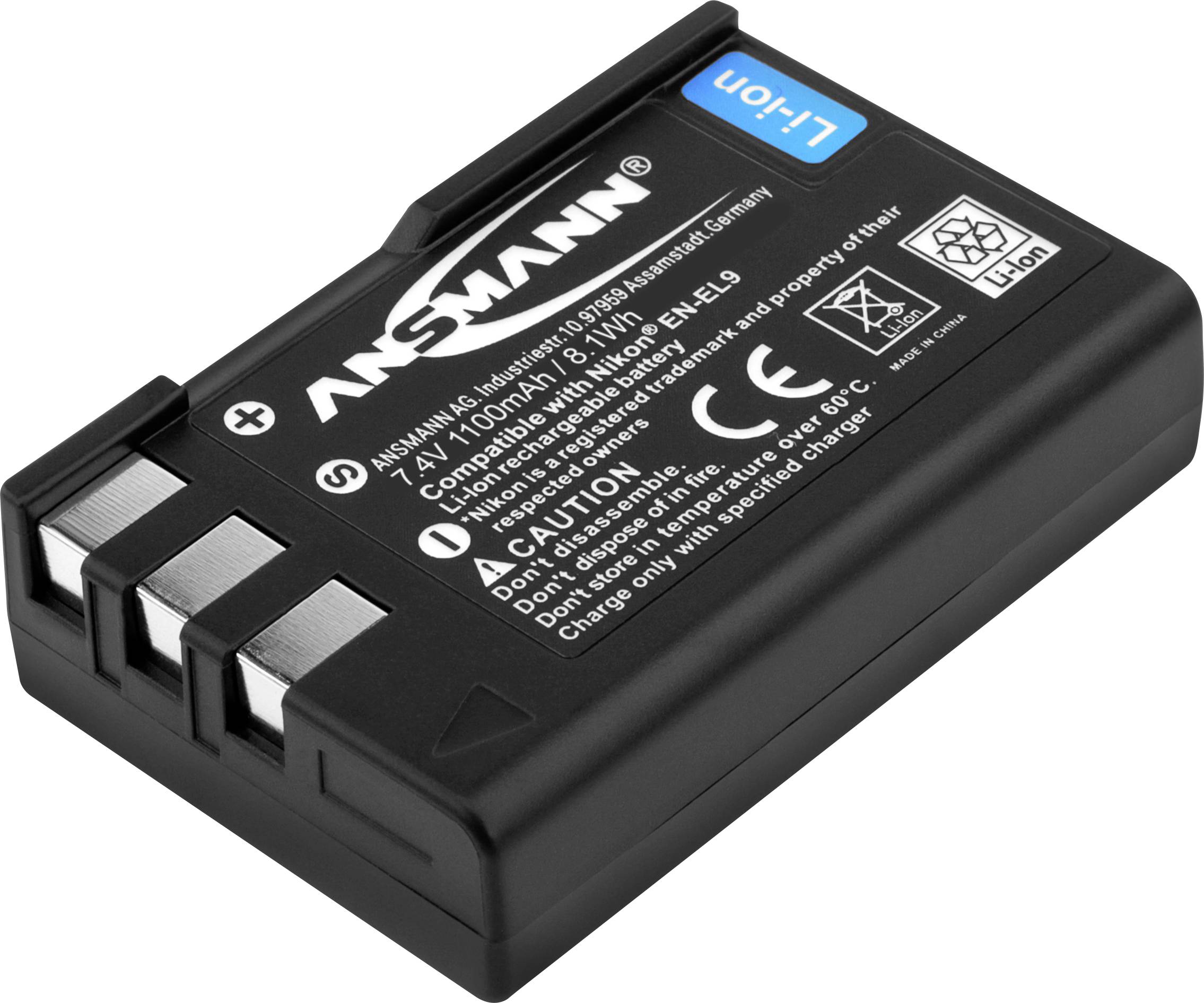 Čierny Ansmann lítiovo-iónový akumulátor, 7,4V, 1100mAh, s poznámkami ku kompatibilite, označením CE, vytlačenými bezpečnostnými pokynmi.
