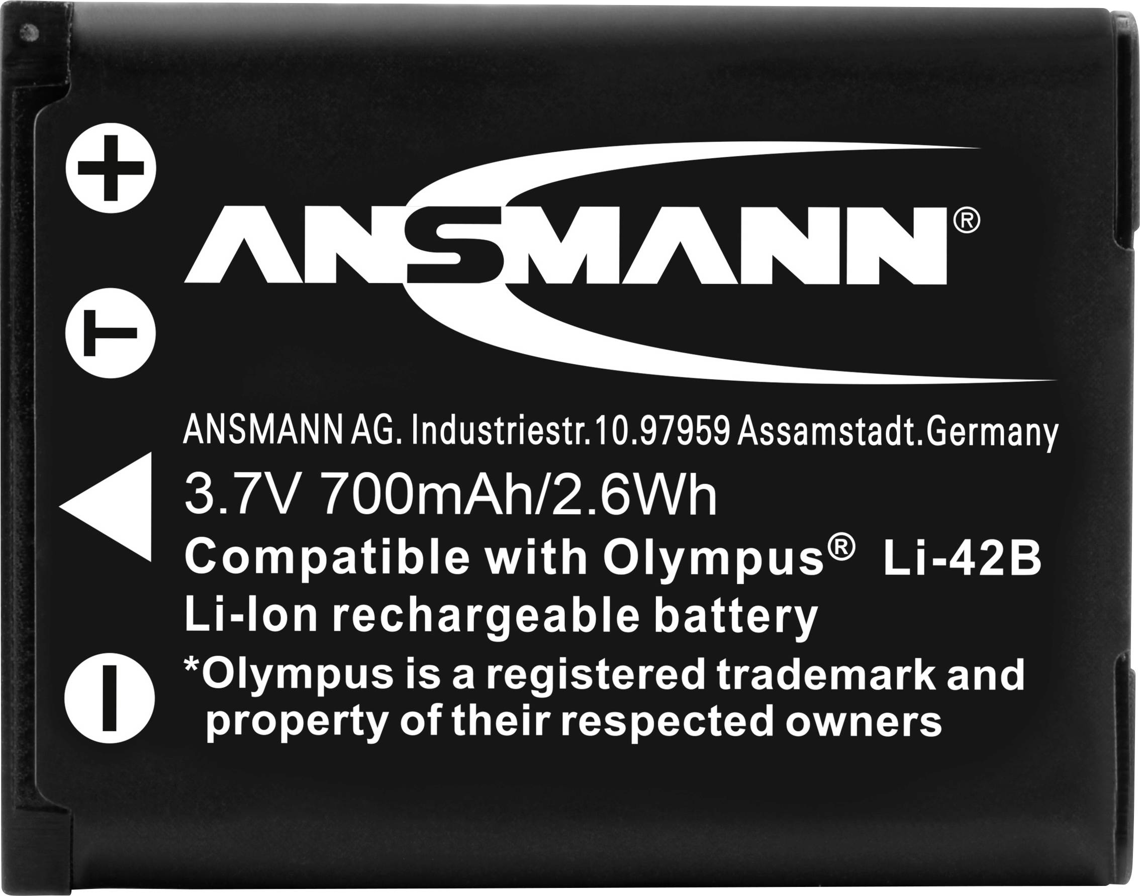 Čierny lítium-iónový akumulátor od ANSMANN, kompatibilný s Olympus Li-42B, 3,7V, 700mAh/2,6Wh, vyrobený v Nemecku.