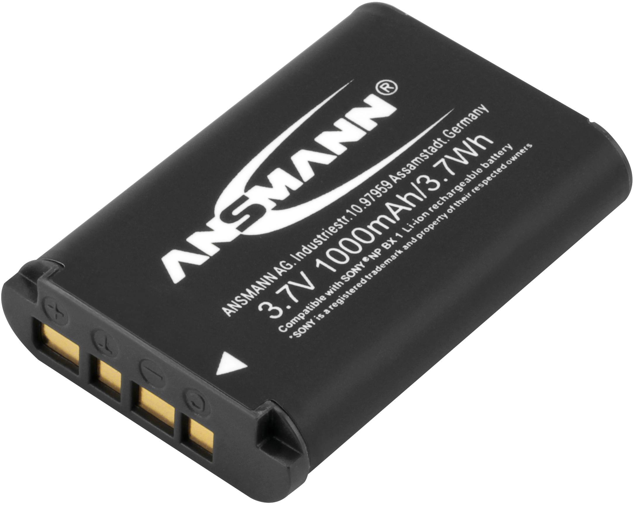 Batéria 'Ansmann', čierna, 3,7V, 1000mAh, 3,7Wh, obdĺžnikový tvar s tromi zlatými pripájacími kontaktmi na jednej strane.