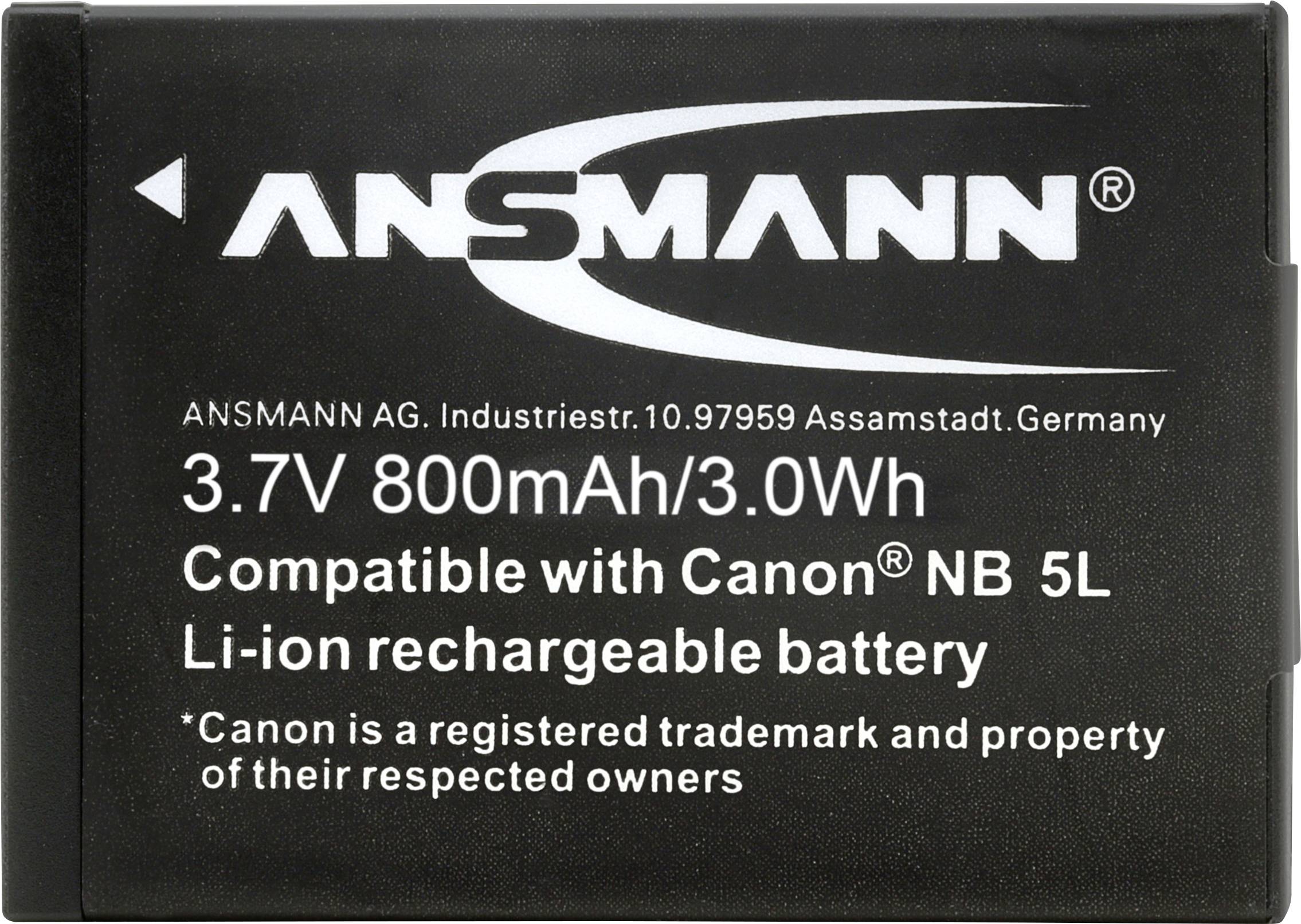 Batéria s nápisom '3.7V 800mAh/3.0Wh', kompatibilná s 'Canon NB 5L'. Výrobca: Ansmann AG, Nemecko.