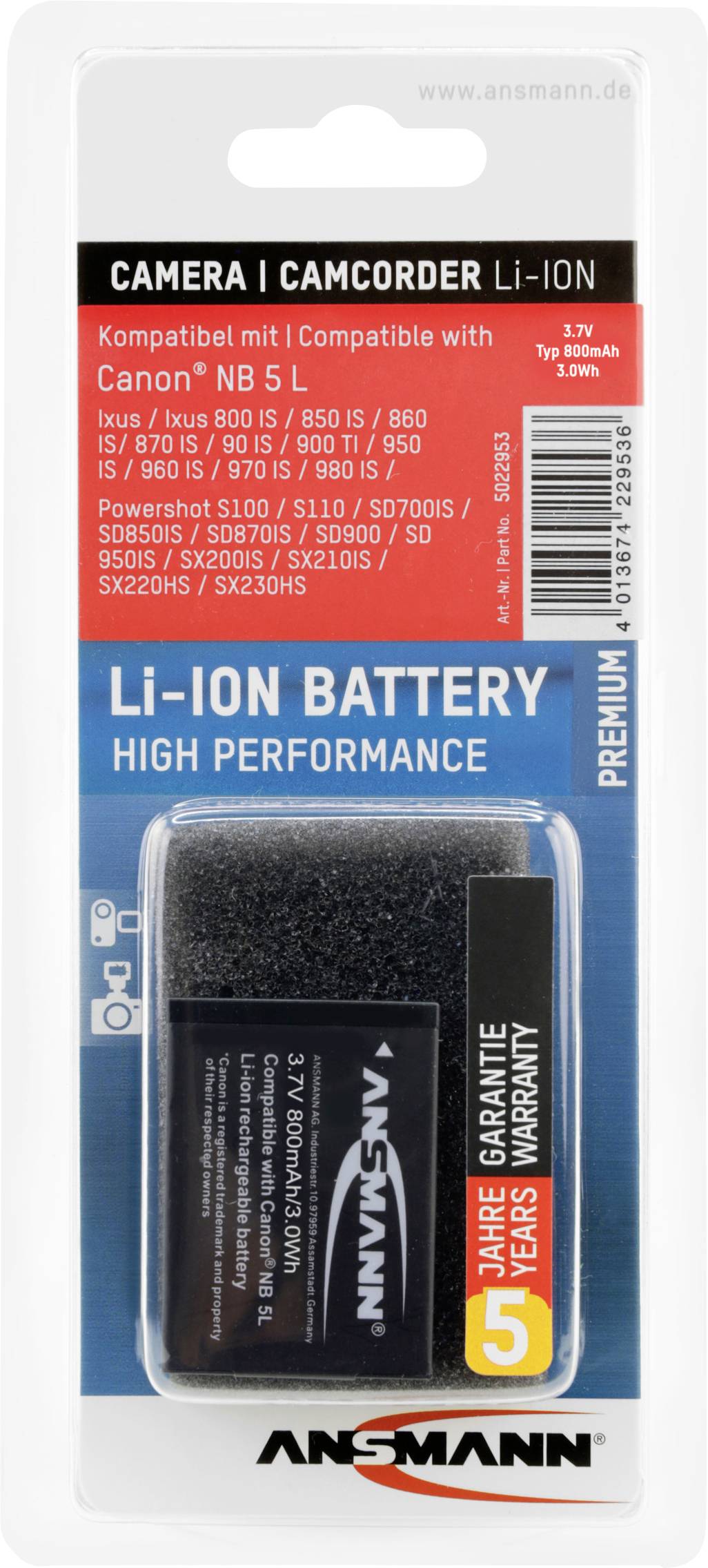 Akumulátor od Ansmann, kompatibilný s Canon NB 5L pre fotoaparáty a videokamery. Lítiovo-iónový, výkon 3,7V, 1150mAh, 5 rokov záruka.