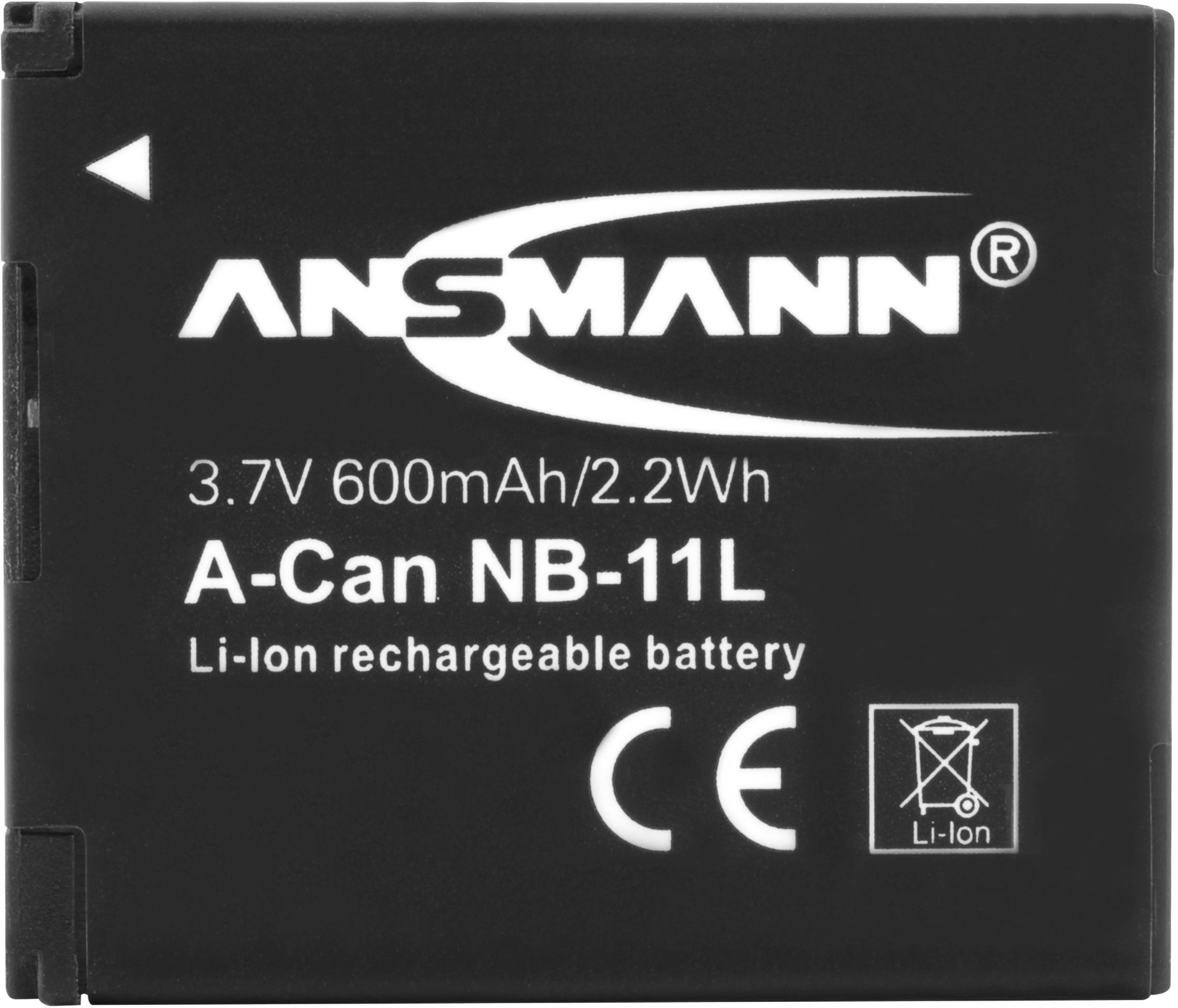 Nabíjateľná lítium-iónová batéria Ansmann A-Can NB-11L, 3,7 V, 600 mAh, čierna, s CE značkou a symbolom pre likvidáciu batérií.