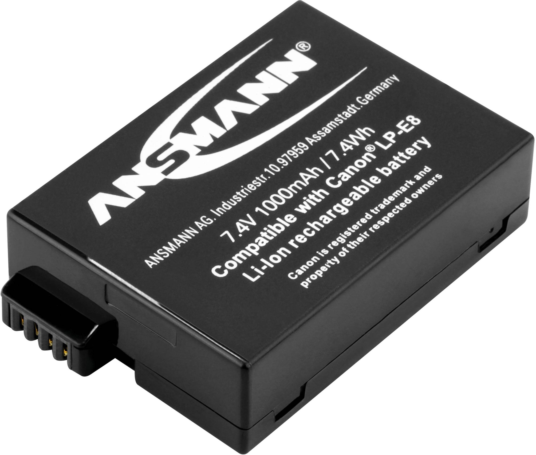 Čierny, obdĺžnikový lítiovo-iónový akumulátor od Ansmannu, 7,4 V, 1000 mAh, kompatibilný s fotoaparátmi Canon, logo výrobcu hore.