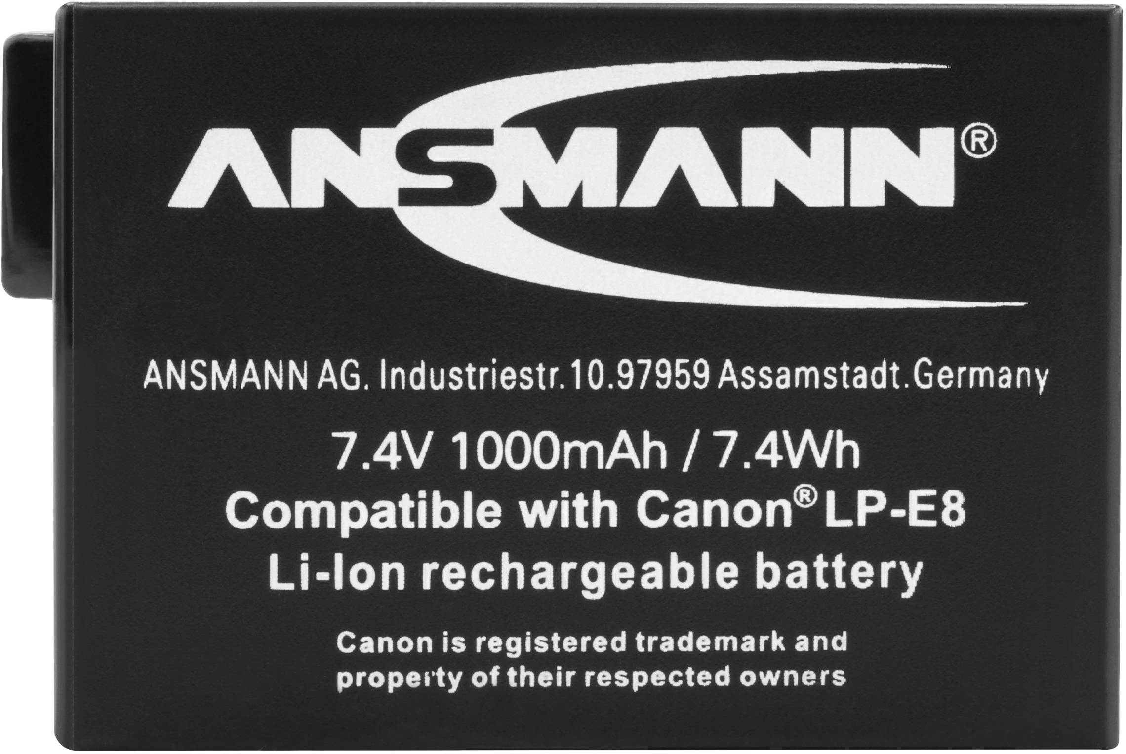 Akumulátor od 'ANSMANN', 7,4V, 1000mAh, kompatibilný s 'Canon LP-E8', nabíjateľný, vyrobený v Nemecku.