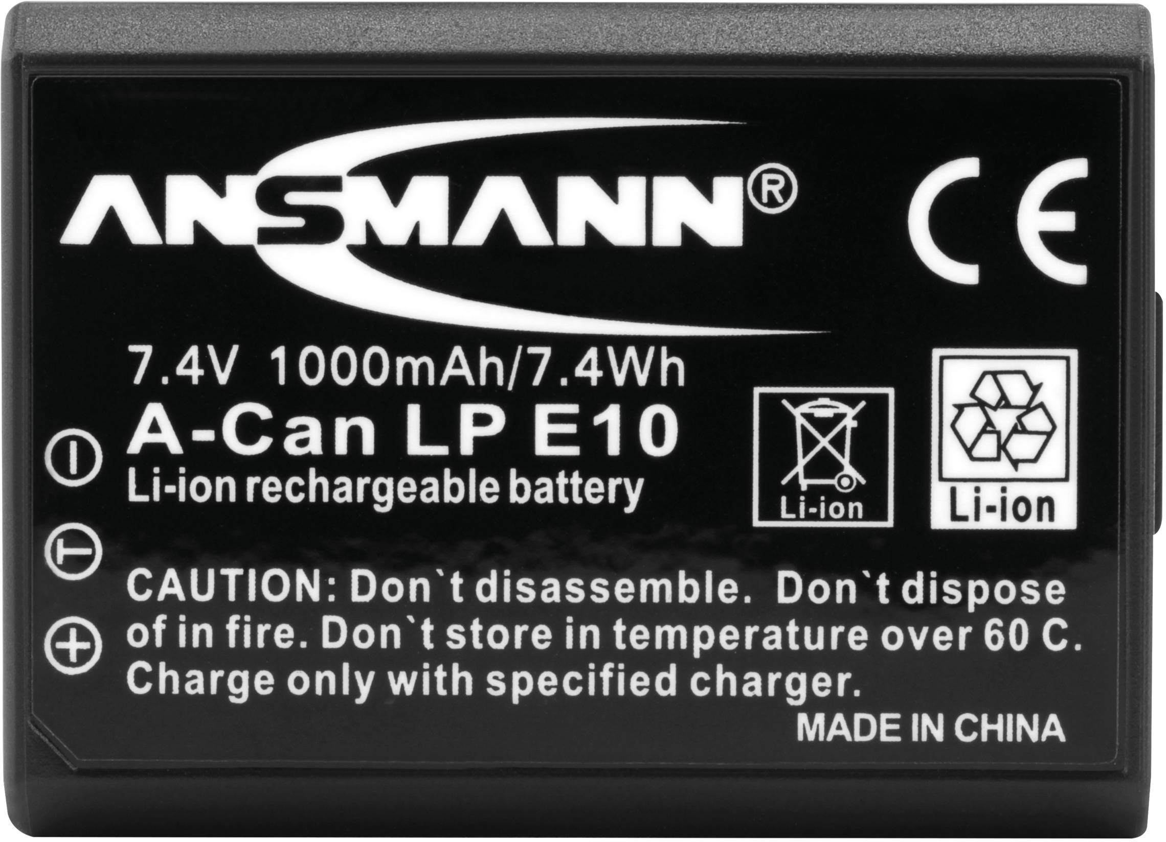 Lítiovo-iónová batéria značky Ansmann, model A-Can LP E10, 7,4V, 1000mAh, 7,4Wh. Výstrahy: Nerozoberať, nevhadzovať do ohňa.