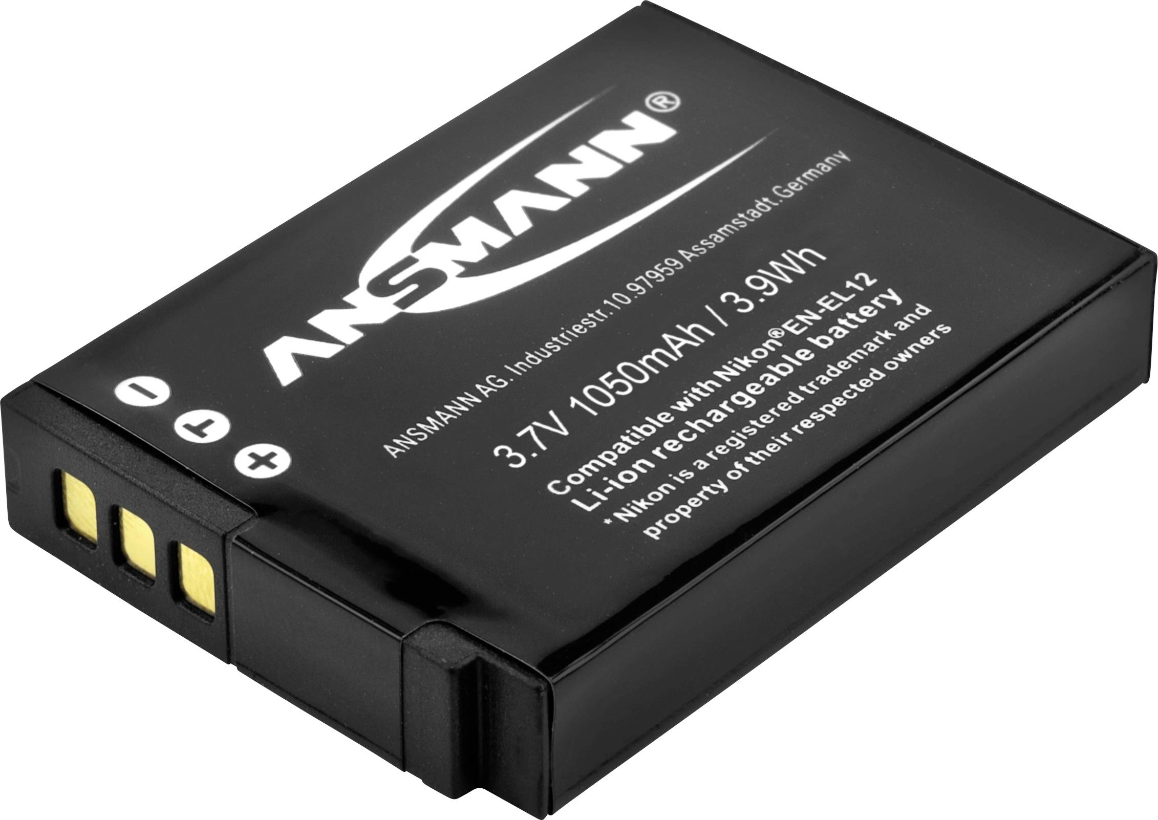 Čierny lítiovo-iónový akumulátor od ANSMANN s napätím 3,7V a kapacitou 1050mAh, vhodný ako náhrada za akumulátory Nikon EN-EL12.