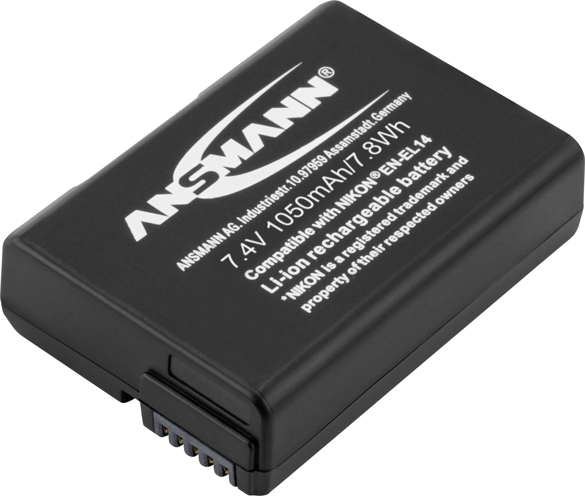 Čierny akumulátor s nápisom '7.4V 1050mAh 7.8Wh, kompatibilný s Nikon EN-EL14, lítiovo-iónový nabíjateľný'.