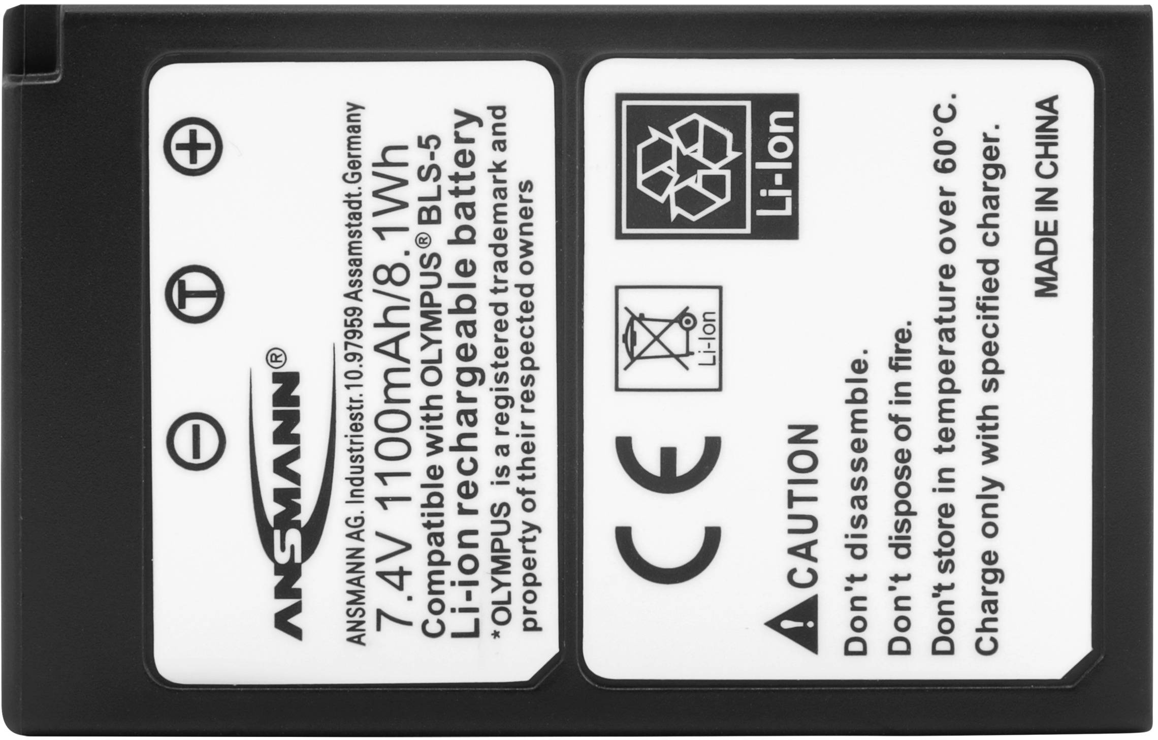 'Ansmann Li-Ion akumulátor, 7,4V, 1100mAh, 8,1Wh. Bezpečnostné upozornenia: Nerozoberať ani nevhadzovať do ohňa, používať len špecifikovanú nabíjačku.'