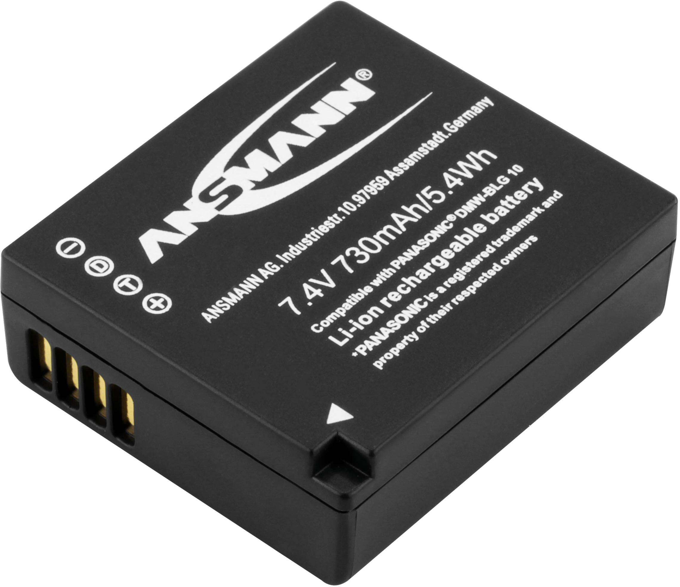 Nabíjateľná lítiovo-iónová batéria Ansmann, model AP-10, 7,4V, 730mAh, 5,4Wh, v čiernej farbe so zlatými kontaktmi.