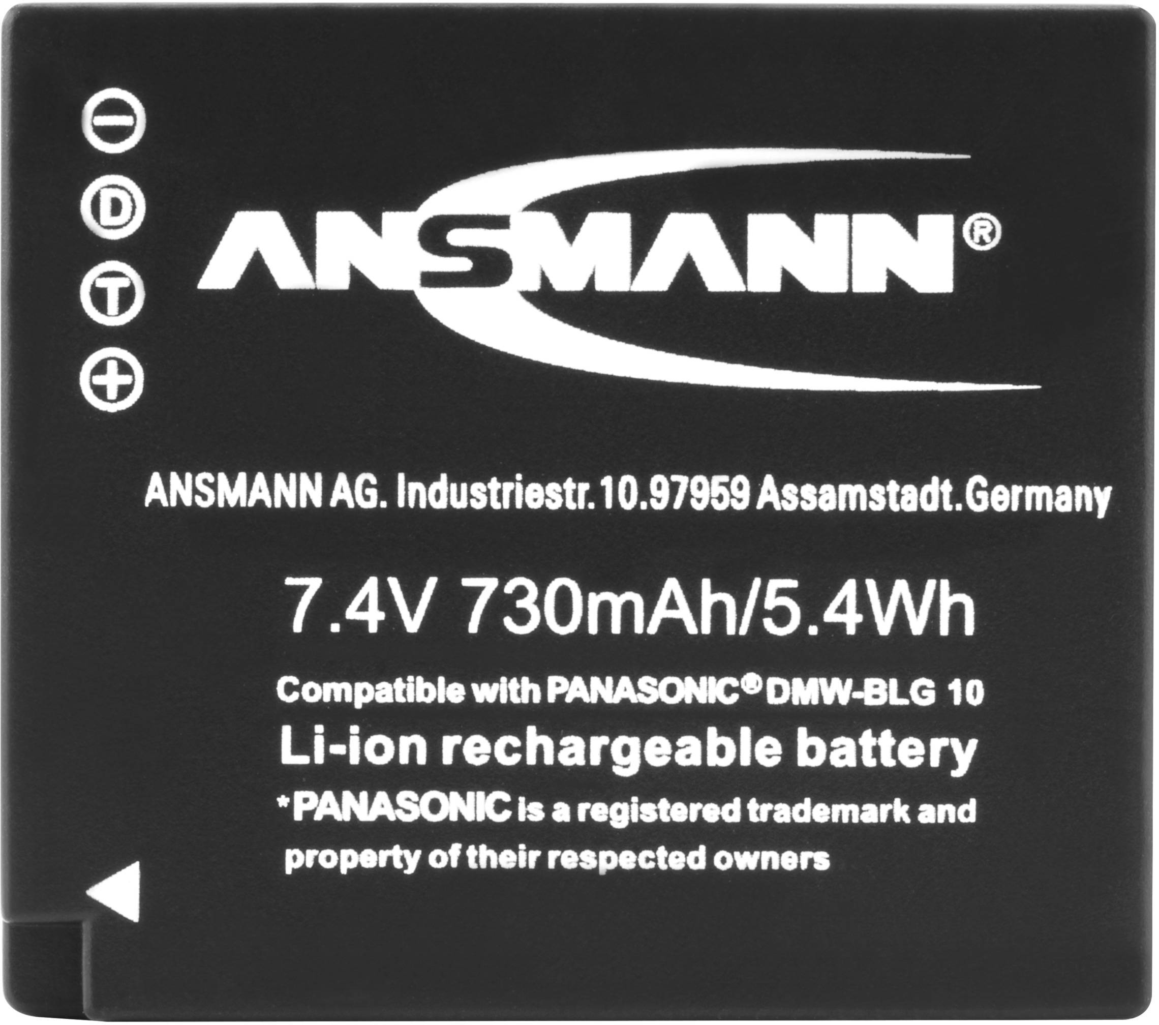 Akumulátor značky Ansmann s napätím 7,4V a kapacitou 730mAh; kompatibilný s Panasonic DMW-BLG 10, lítiovo-iónová technológia.