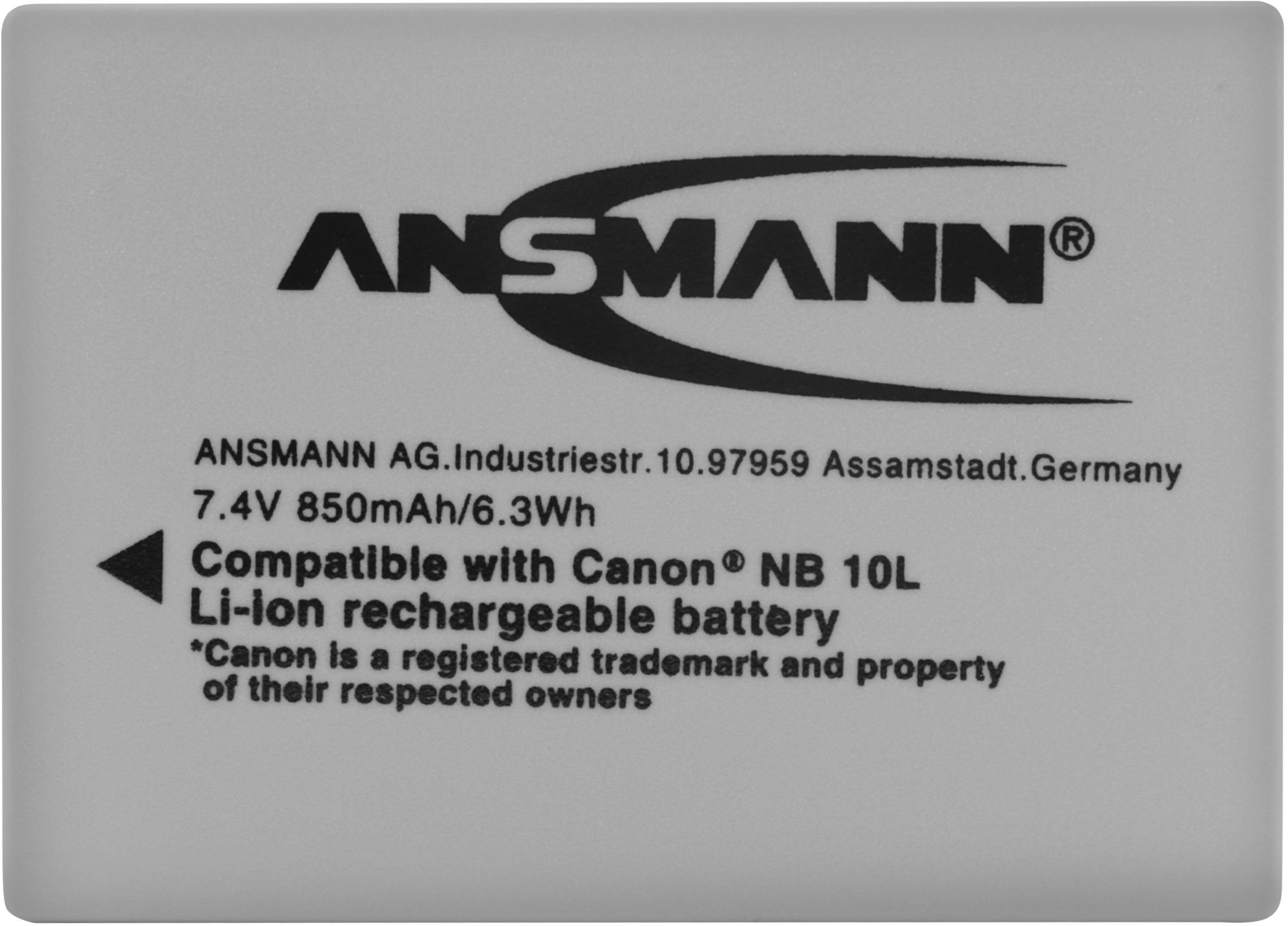 Akumulátor s nápisom: 'ANSMANN, kompatibilný s Canon NB 10L, Li-Ion, 7,4V, 850mAh, 6,3Wh, vyrobené v Nemecku'.