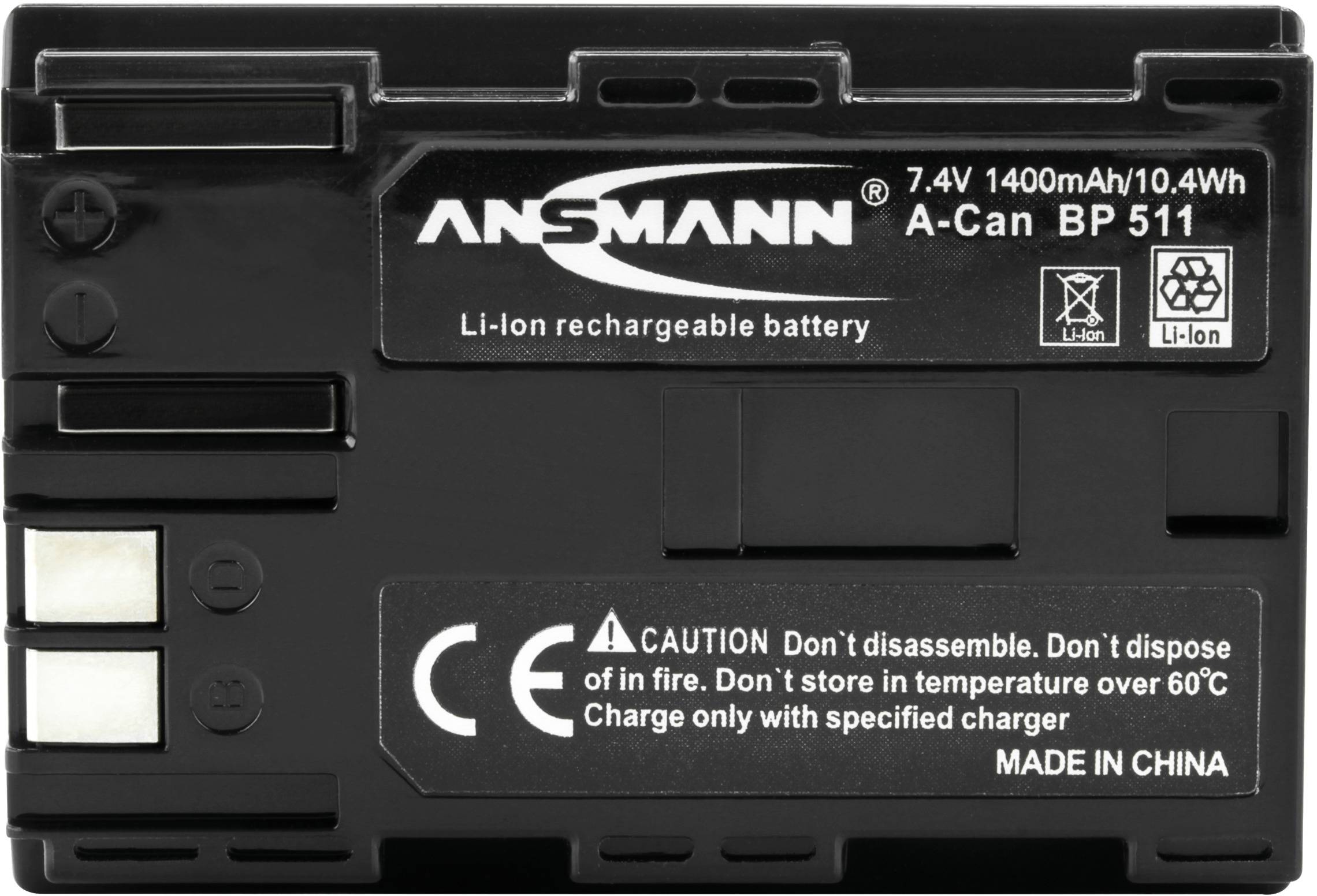 Pohľad na čiernu lítiovo-iónovú batériu, model 'A-Can BP 511', kapacita 1400 mAh, napätie 7,4 V, od firmy Ansmann.