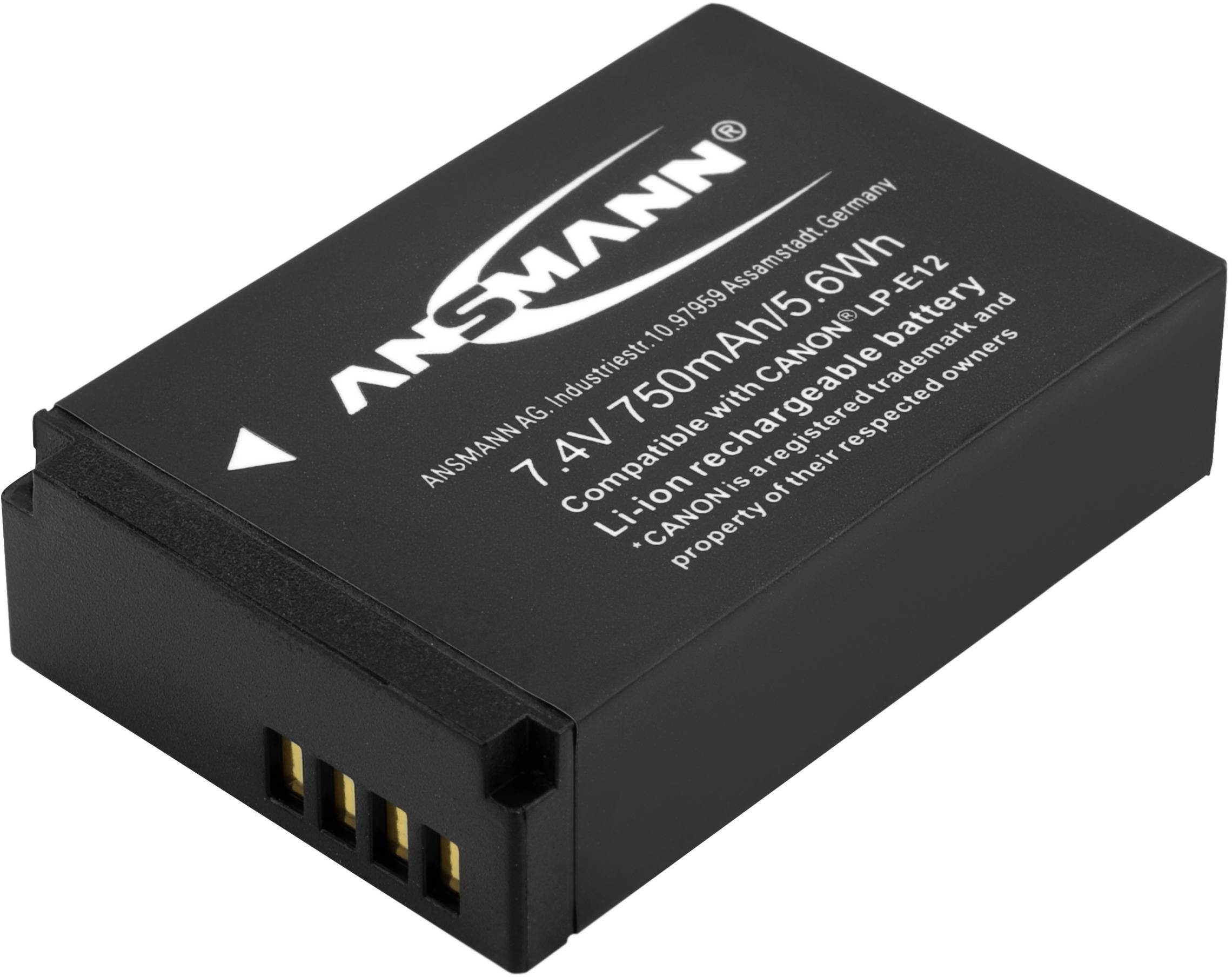 Čierny akumulátor od ANSMANN s nápismi '7.4V 750mAh 5.6Wh' a 'Kompatibilný s Canon LP-E12'.