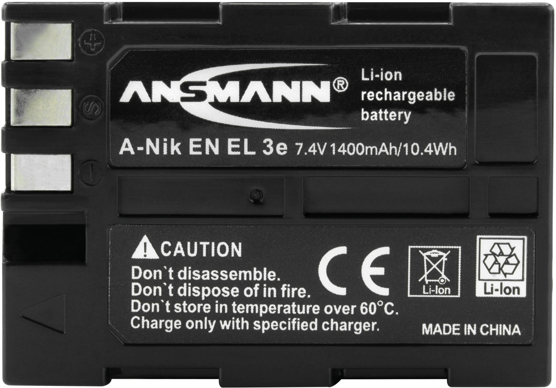 Čierna dobíjateľná lítiovo-iónová batéria s nápisom 'ANSMANN', model 'A-Nik EN EL 3e', 7,4V, 1400mAh.