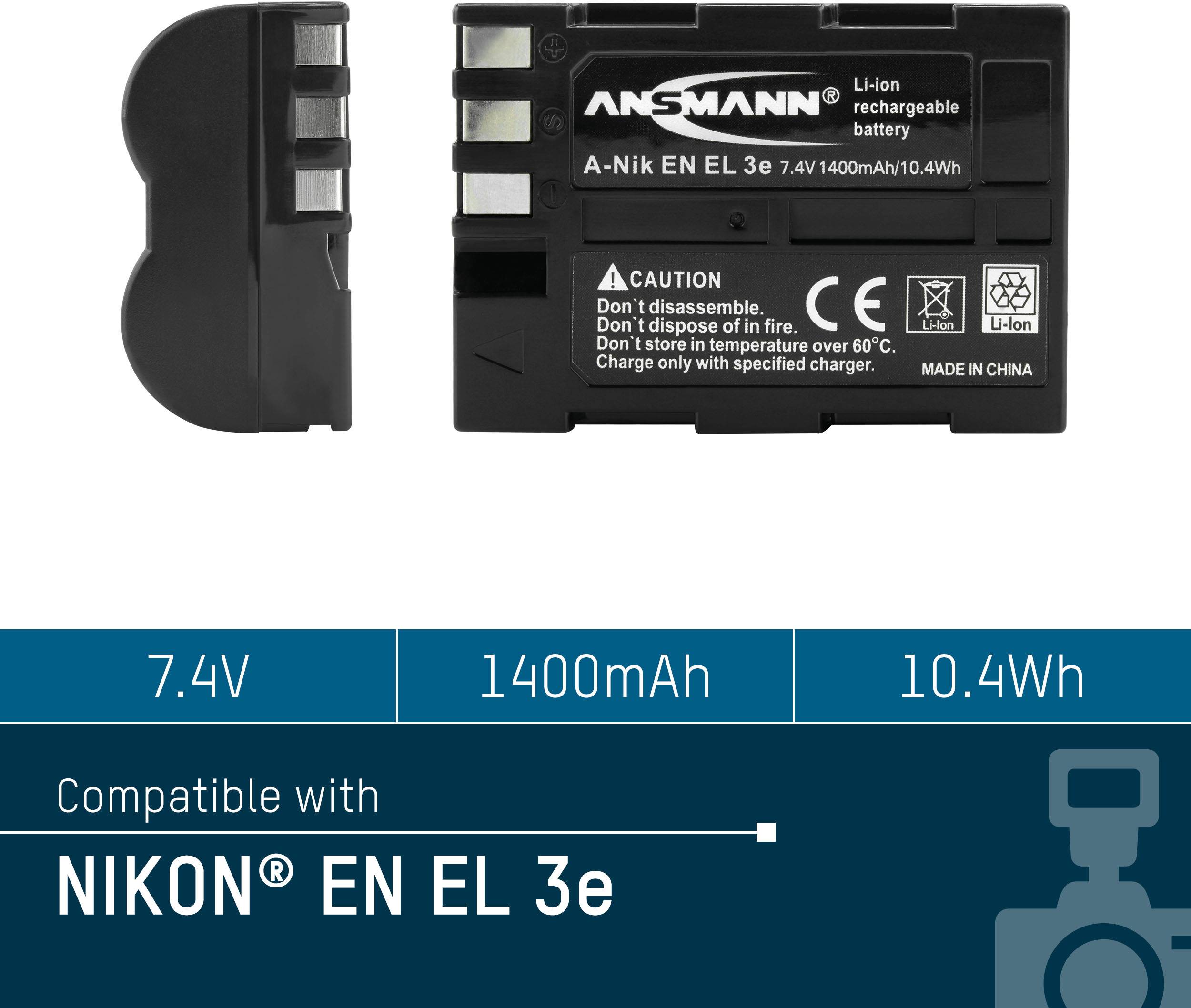 Akumulátor s nápisom 'ANSMANN, Li-Ion 7.4V, 1400mAh, 10.4Wh'. Bezpečnostné upozornenia dole, kompatibilný s 'NIKON EN EL 3e'.