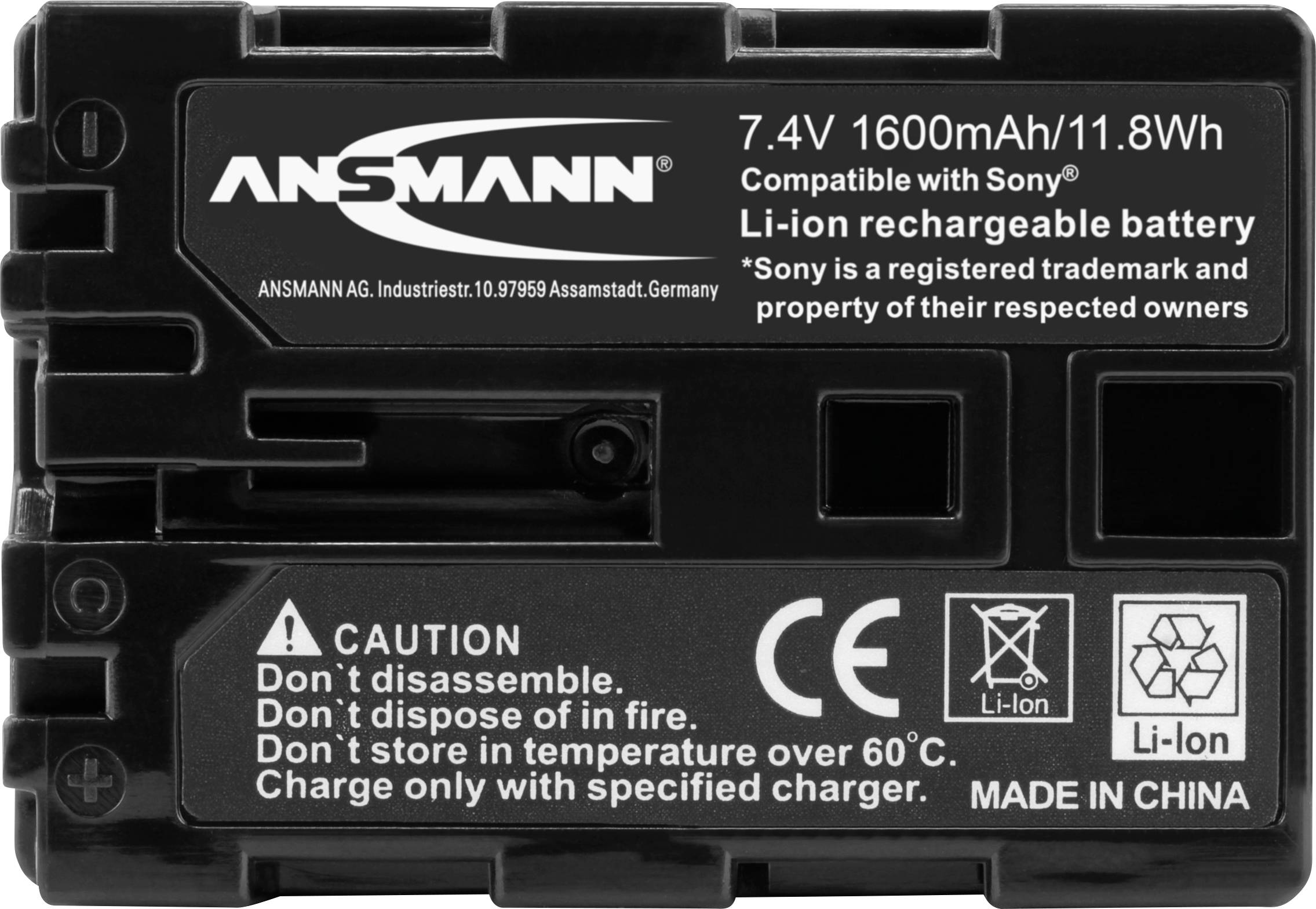 Čierny akumulátor s bielym textom: 7,4V 1600mAh/11,8Wh, kompatibilný so Sony. Výstrahy: Nerozoberať, nehádžte do ohňa.