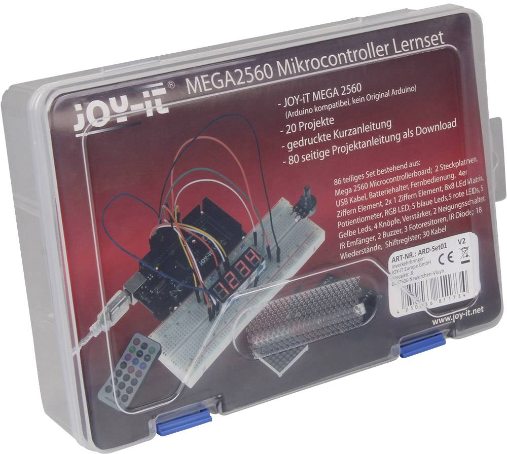 Plastová krabica s nápisom 'joy-it MEGA2560 Mikroradič Vzdelávacie set'. Obsahuje elektronické komponenty a návod na projekt.