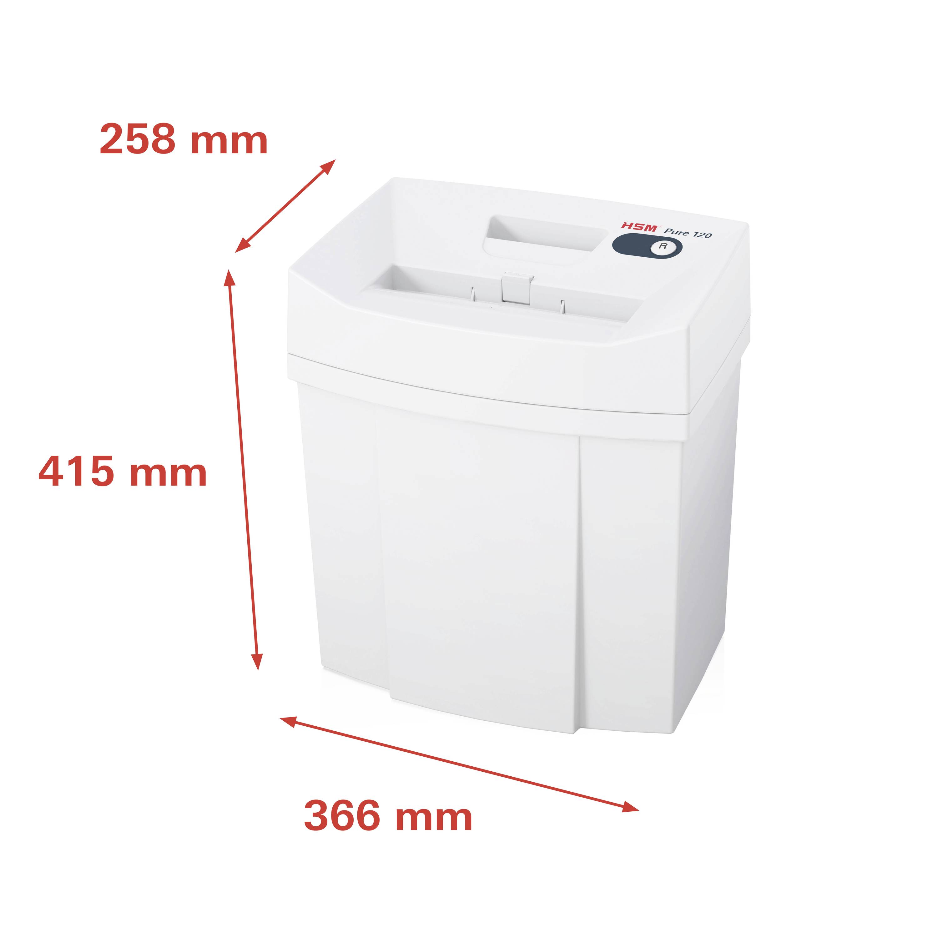 Skartovač, biely, s rozmermi: šírka 366 mm, výška 415 mm, hĺbka 258 mm; ovládacie prvky sú umiestnené hore.