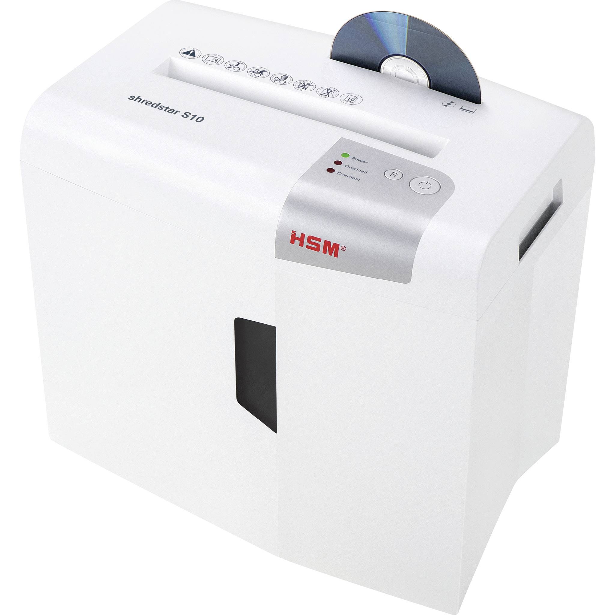 Biely skartovací stroj so šachticou na CD/skartovanie a priehľadným okienkom. Značka HSM, model Shredstar S10, vhodný na papier a CD.