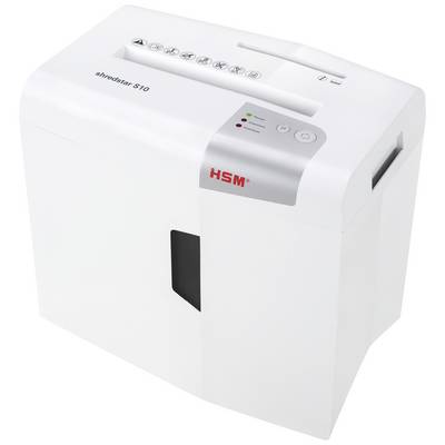 Biely skartovací stroj značky HSM s viditeľnou štrbinou na podávanie papiera a kontrolnými svetlami. Model: Shredstar S10.
