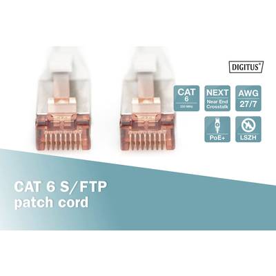 Dva CAT 6 S/FTP patch káble s RJ45 konektormi. Symboly zobrazujú špecifikácie ako 'CAT 6 250 MHz', 'PoE+', 'LSZH' a 'AWG 27/7'.