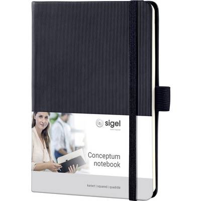 'Conceptum notes od Sigel' s čiernym obalom a gumičkovým uzáverom. Na obale je obrázok osoby s poznámkovým blokom.