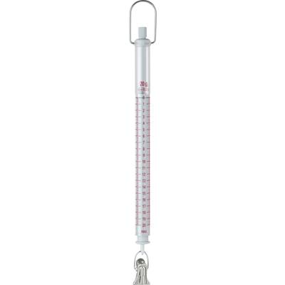 Biela váha s perami s červenou stupnicou ukazuje maximálnu hmotnosť 20 kg. Háčik na zavesenie dole, rukoväť na prenášanie hore.
