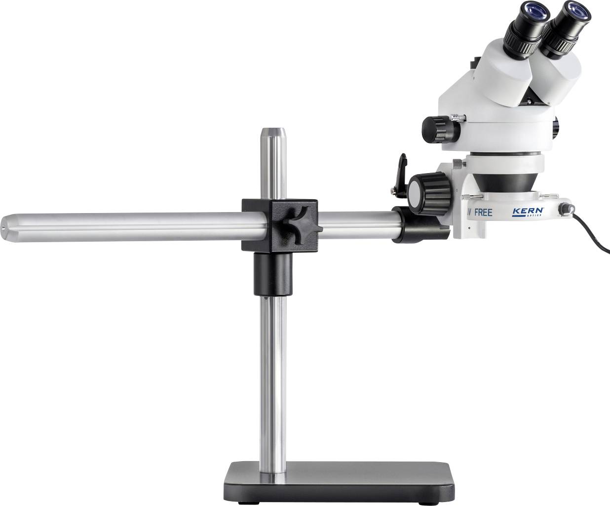 Mikroskop s dvoma okulármi, namontovaný na stabilnom nastaviteľnom stojane, vhodný pre presné laboratórne skúmania.