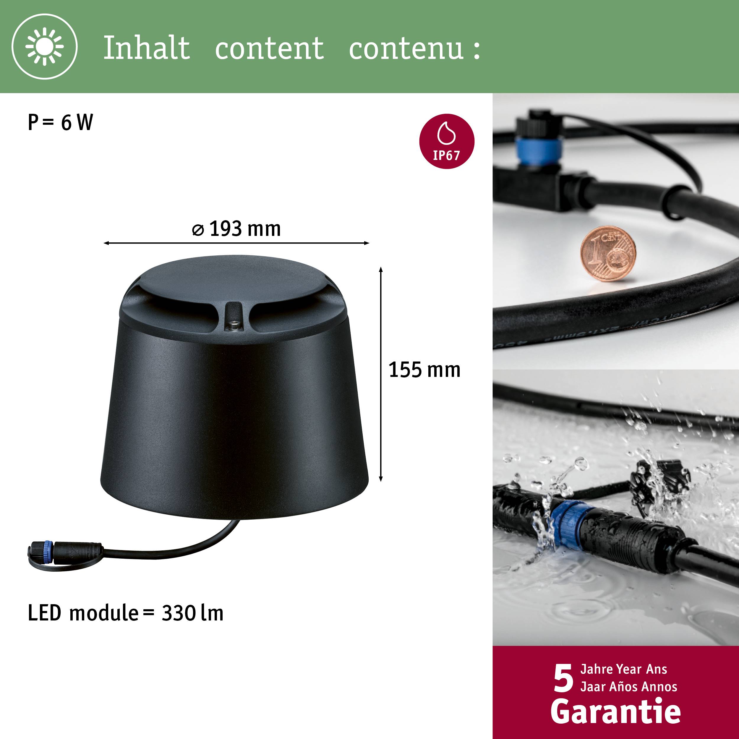 LED modul s výkonom 6 W, 330 lm. Rozmery: Ø 193 mm x 155 mm. Stupeň krytia IP67. 5 rokov záruky. Obrázok zobrazuje svetelnú jednotku a vodeodolnosť.