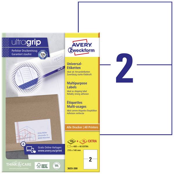 Avery-Zweckform 3655-200  210 x 148 mm papier  biela 440 ks trvalé univerzálne etikety atrament, laser, kópie