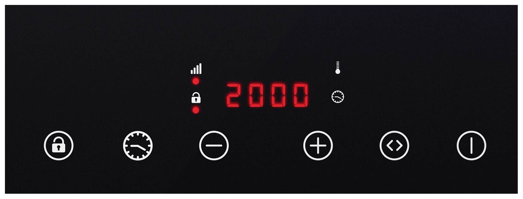 Čierna digitálna displej s červenými číslami '2000' a symbolmi nižšie: zámok, časovač, mínus, plus, šípky. Ovládací displej.