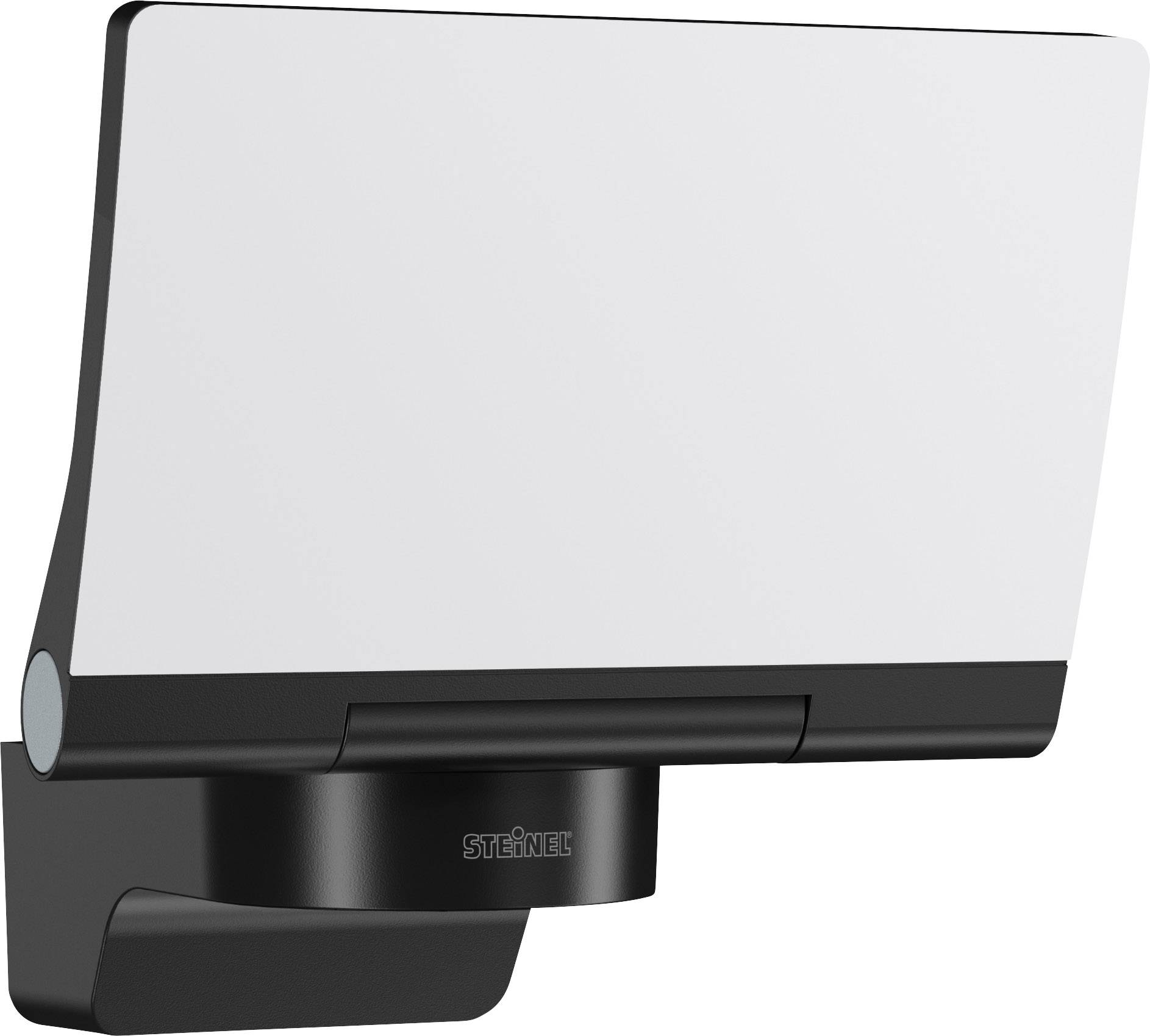 Vonkajšia lampa s obdĺžnikovým, plochým, bielym svetelným telesom a čiernym púzdrom. Značka 'Steinel' na držiaku.