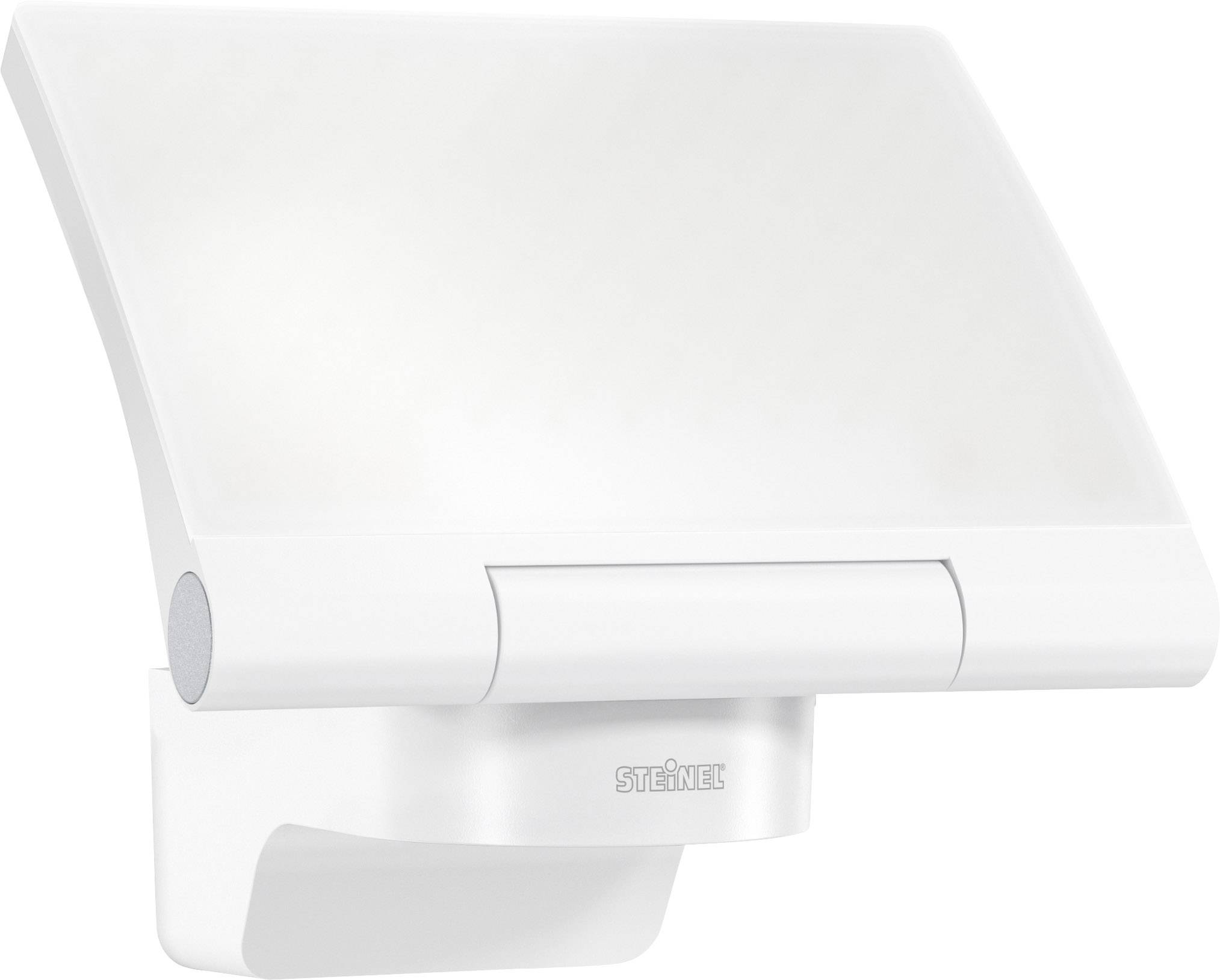 Biela vonkajšia lampa s pohybovým senzorom, obdĺžnikového tvaru a moderného dizajnu, upevnená na nástennom držiaku.