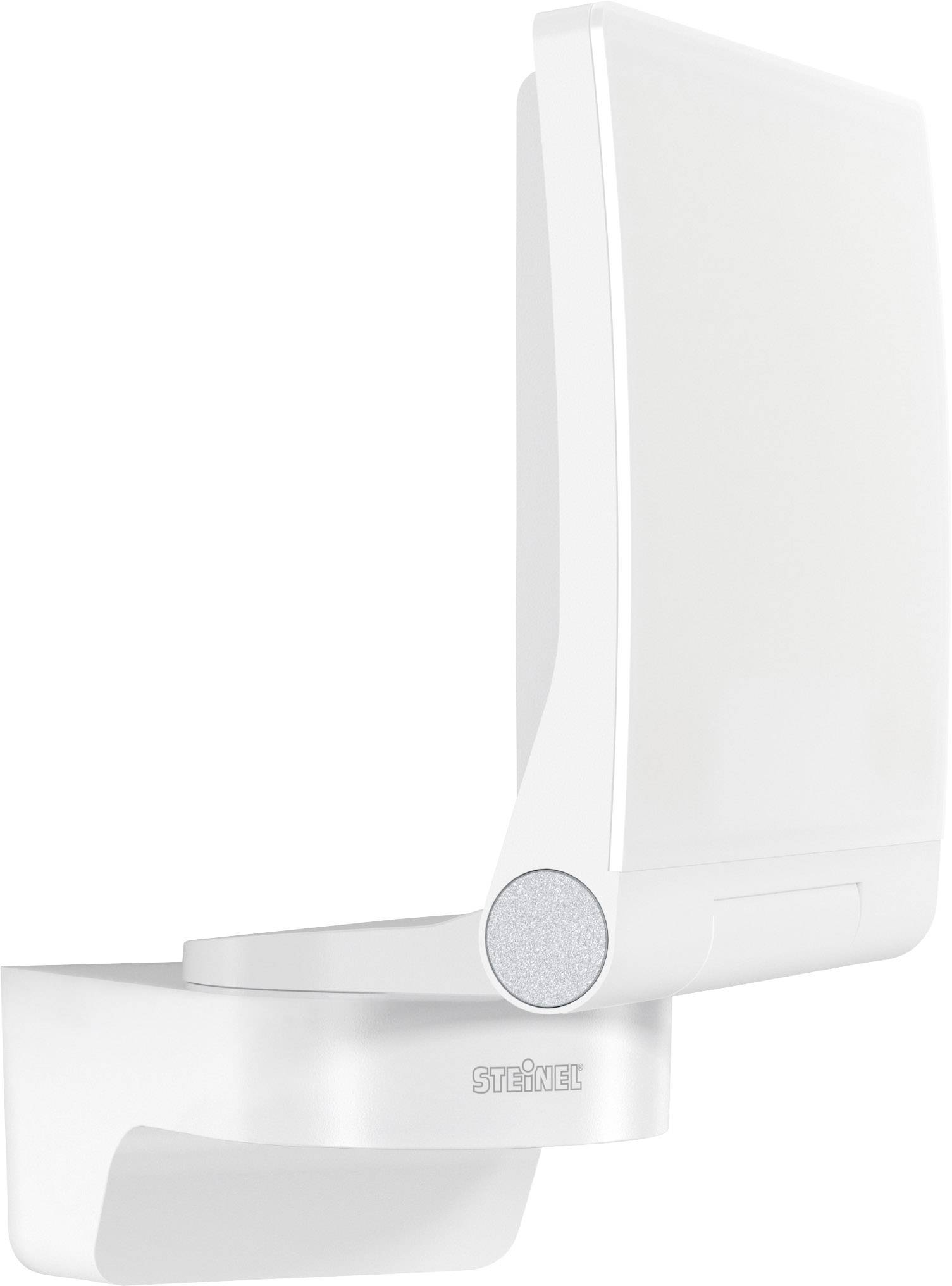 Biela LED vonkajšia lampa s pohybovým senzorom, moderného dizajnu.