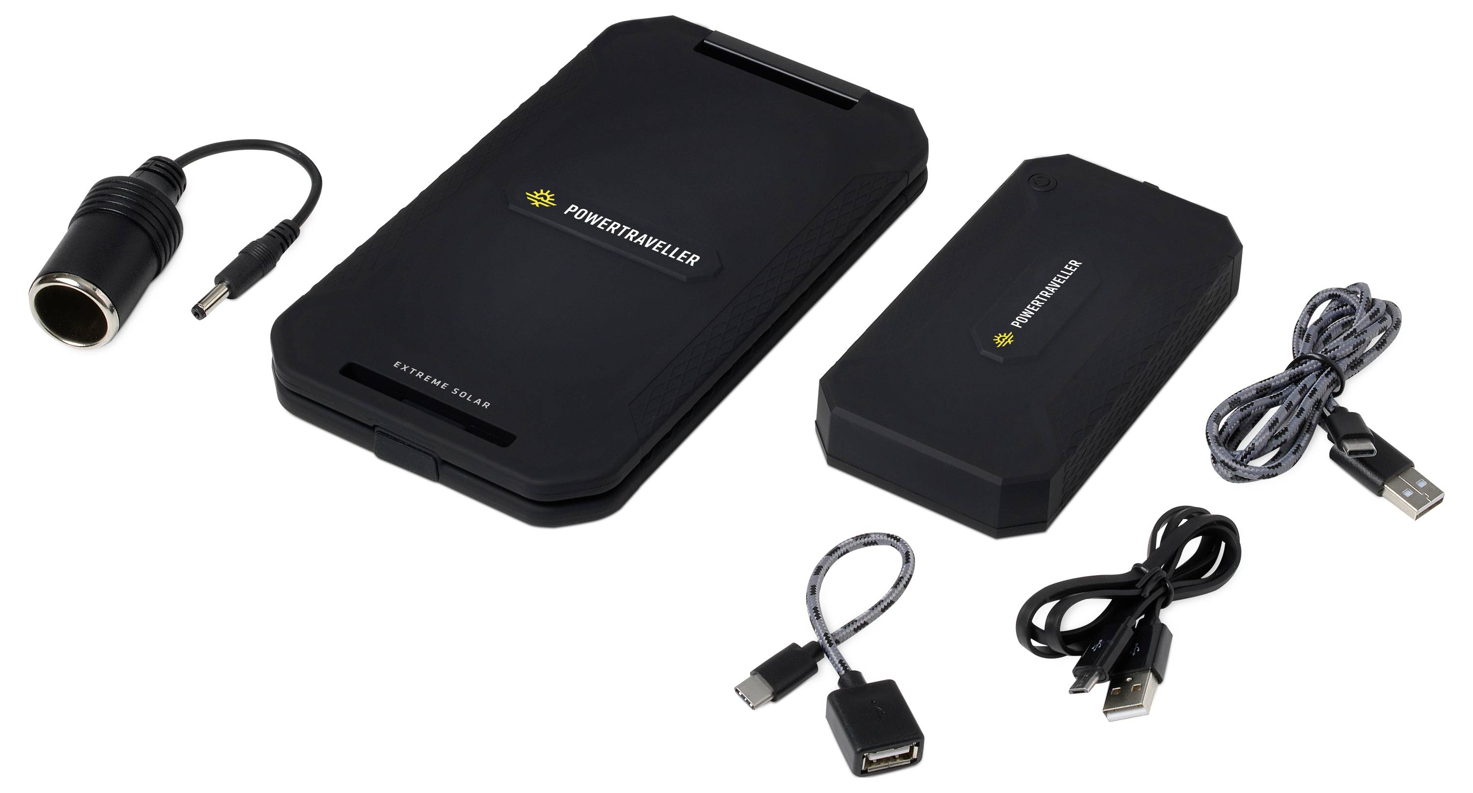 Prenosný solárny nabíjací systém s dvoma solárnymi panelmi, viacerými adaptérmi a USB káblami na nabíjanie zariadení v exteriéroch.
