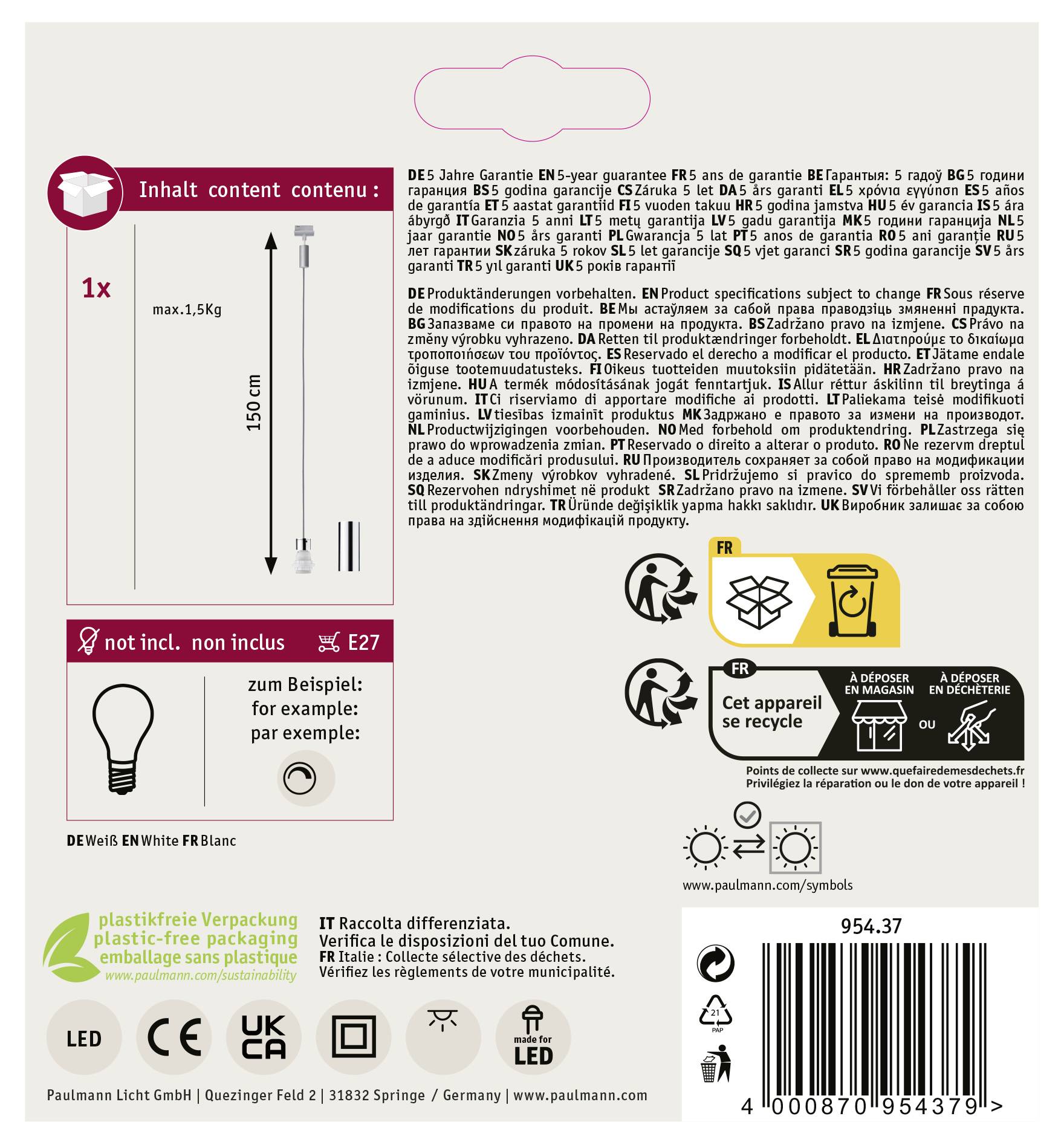 Obsahuje: 1x svetelný zdroj FRS E27, max. 15 kg, dĺžka 150 cm. Na obale sú takisto vyobrazené inštrukcie na balenie a recyklačné symboly.