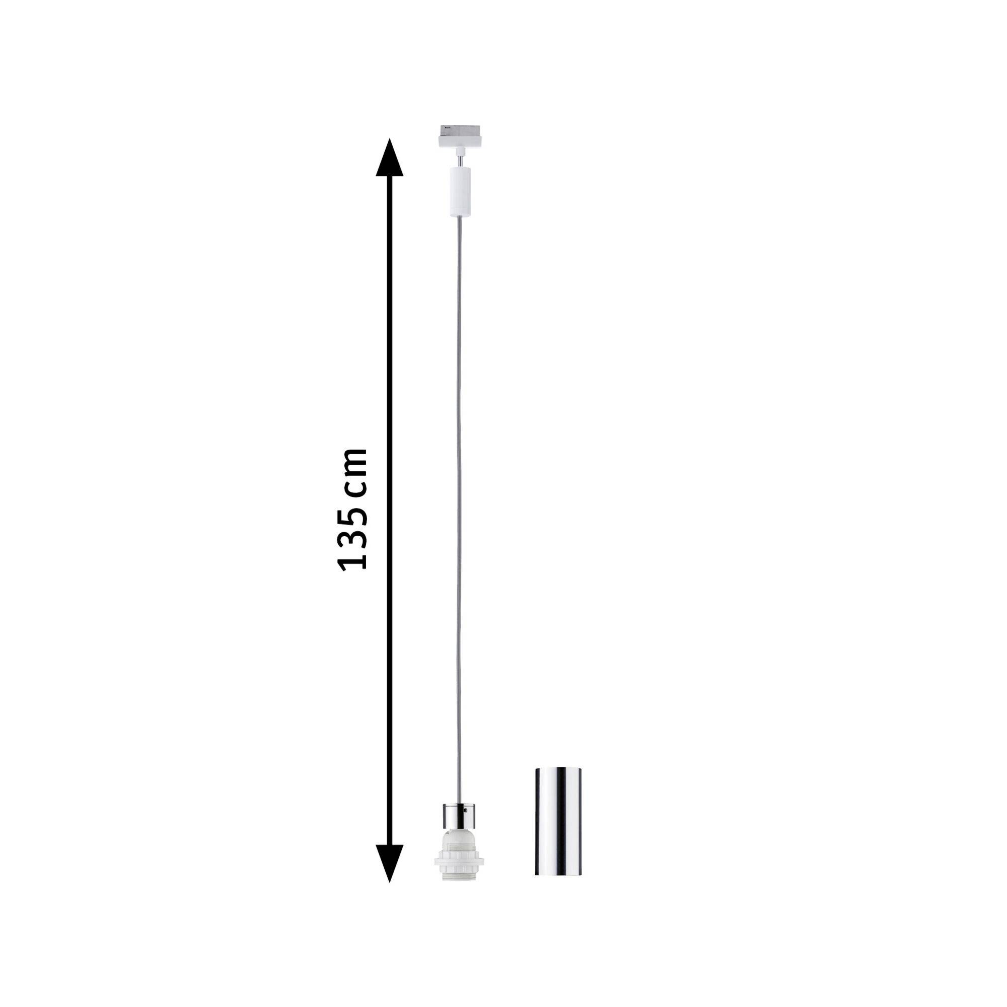 Závesné svietidlo so strieborným úchytom a káblom dlhým 135 cm. Vedľa leží okrúhly kovový kryt.