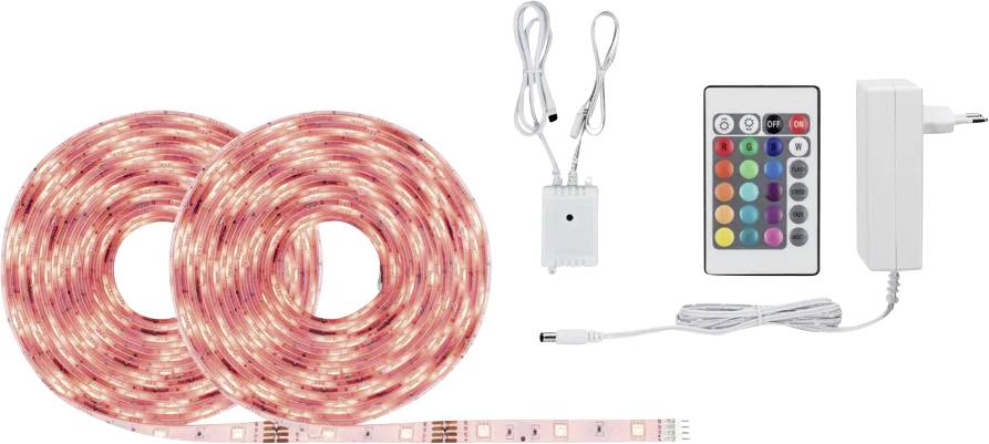 LED pásikový set s dvomi rolami, diaľkovým ovládačom, ovládacou jednotkou a napájacím zdrojom na osvetlenie a ovládanie farieb.