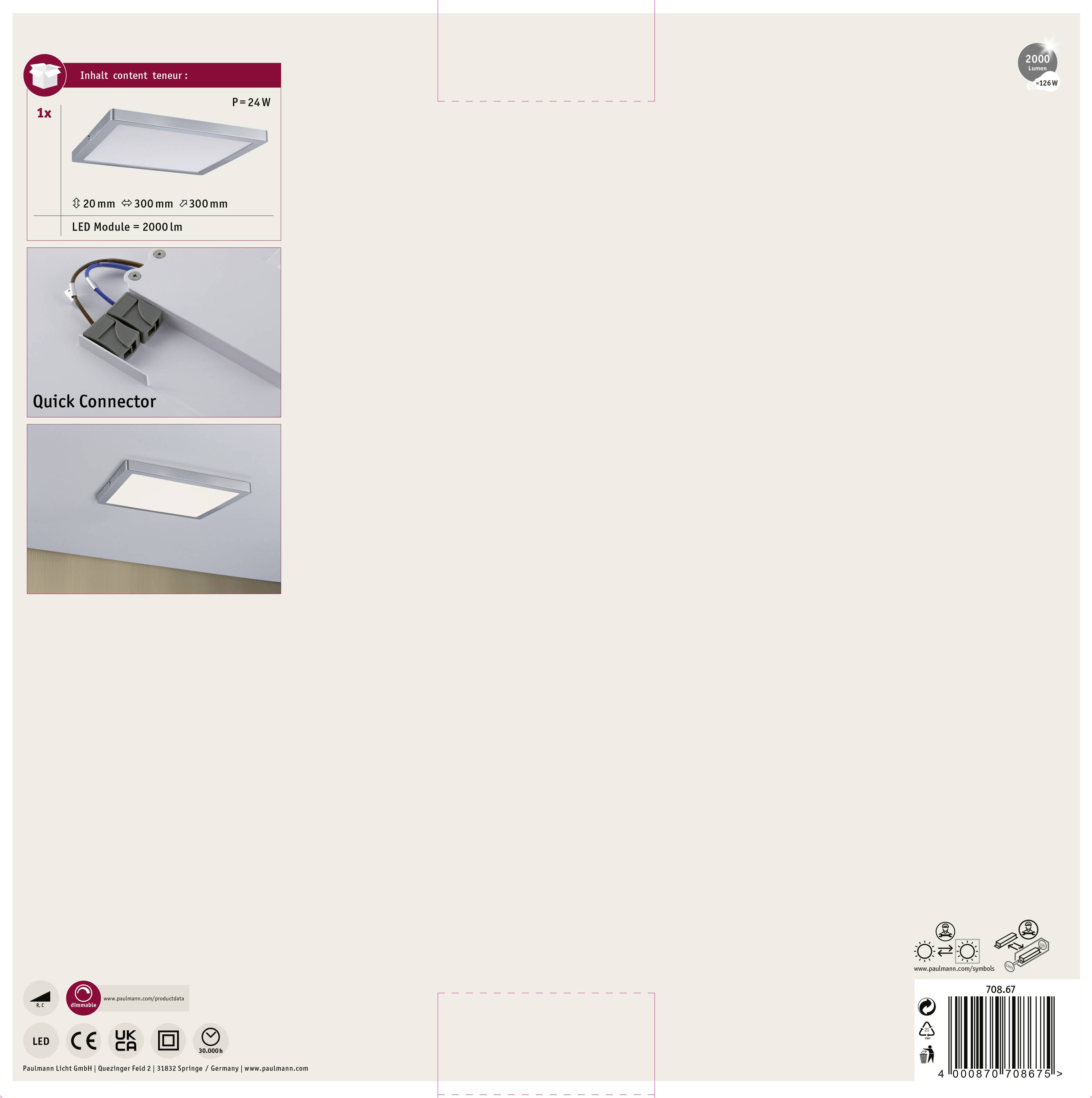 Vstavaná lampa so rýchlym pripojením a LED modulom 2000lm, rozmery 220x300x300mm, obrázok stropného reflektora.