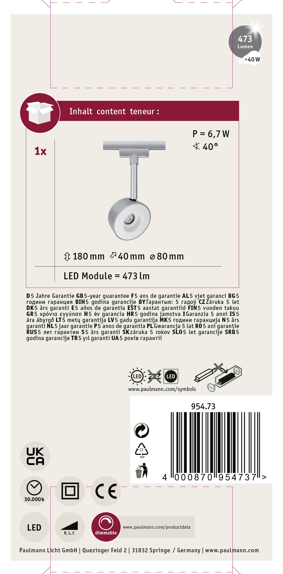 Obalový štítok pre LED reflektor: Obrázok výrobku, technické špecifikácie, energetický symbol, QR kód. Výkon: 6,7W, 473 lúmenov, uhol svietenia 40°.